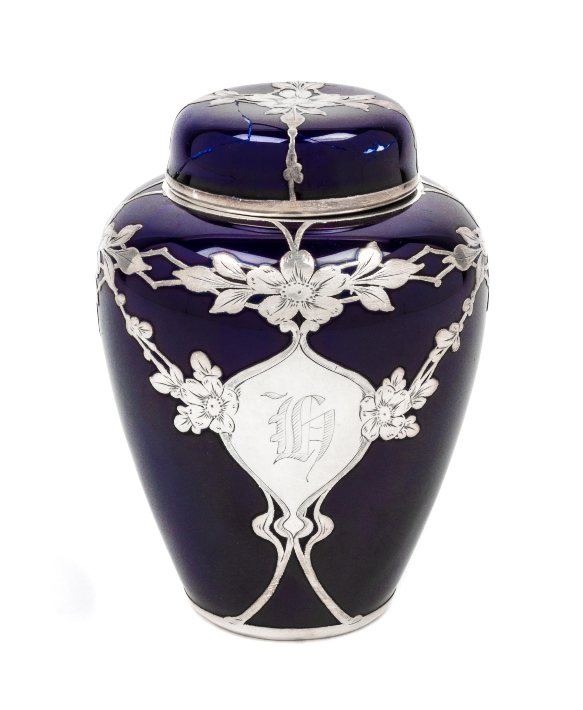 A Lenox Silver Overlay Porcelain Jar Height 5 inches.