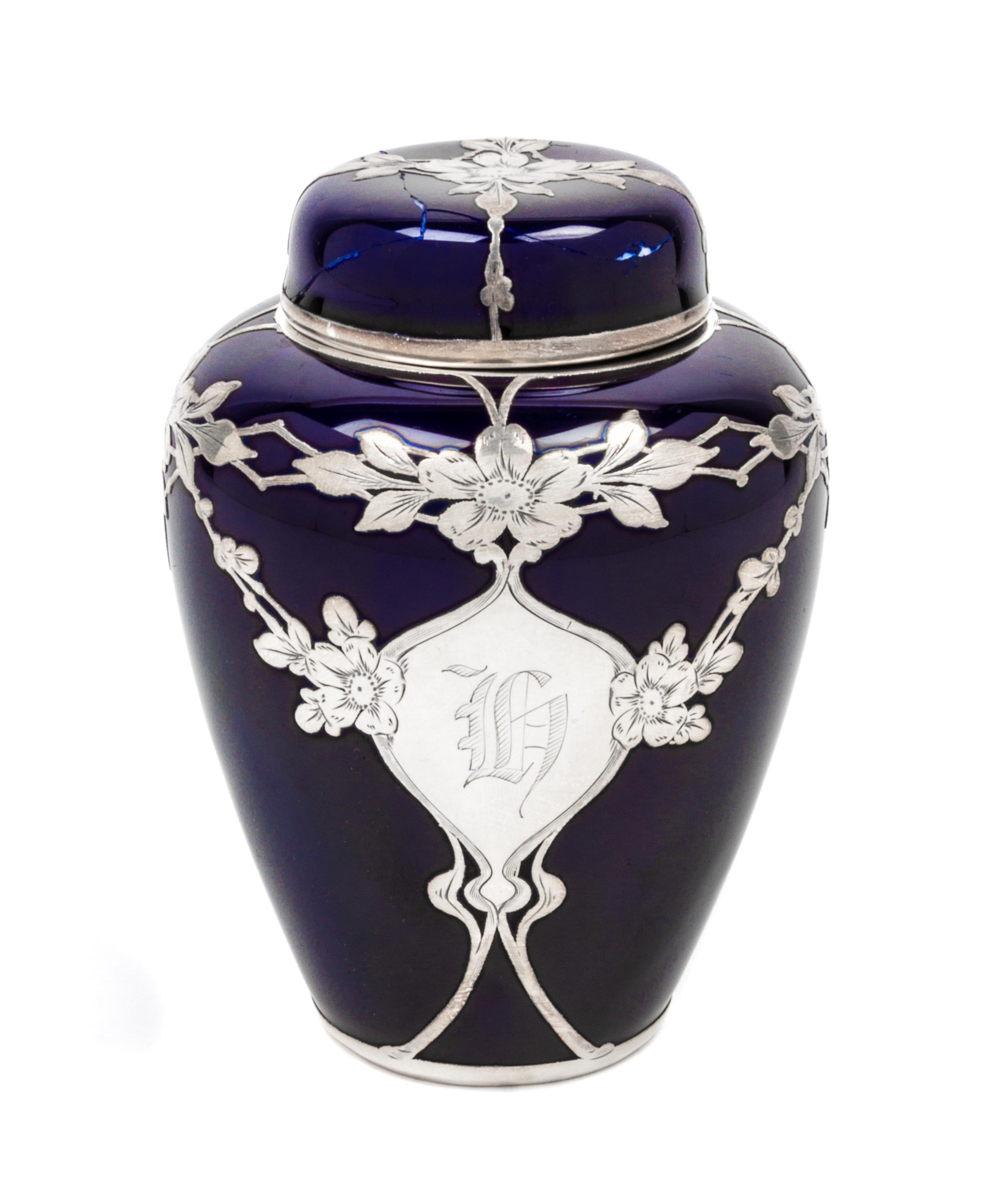A Lenox Silver Overlay Porcelain Jar Height 5 inches.