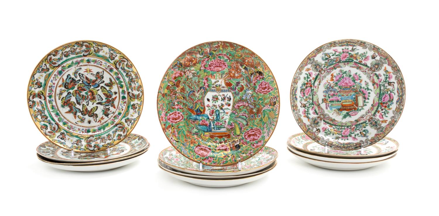 A Group of Twelve Chinese Export Rose Canton Porcelain Plates Diameter of each 8 3/8 inches. — 19TH CENTURY