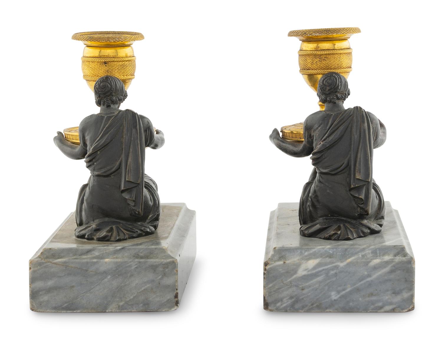 A Pair of Directoire Bronze and Marble Figural Candlesticks