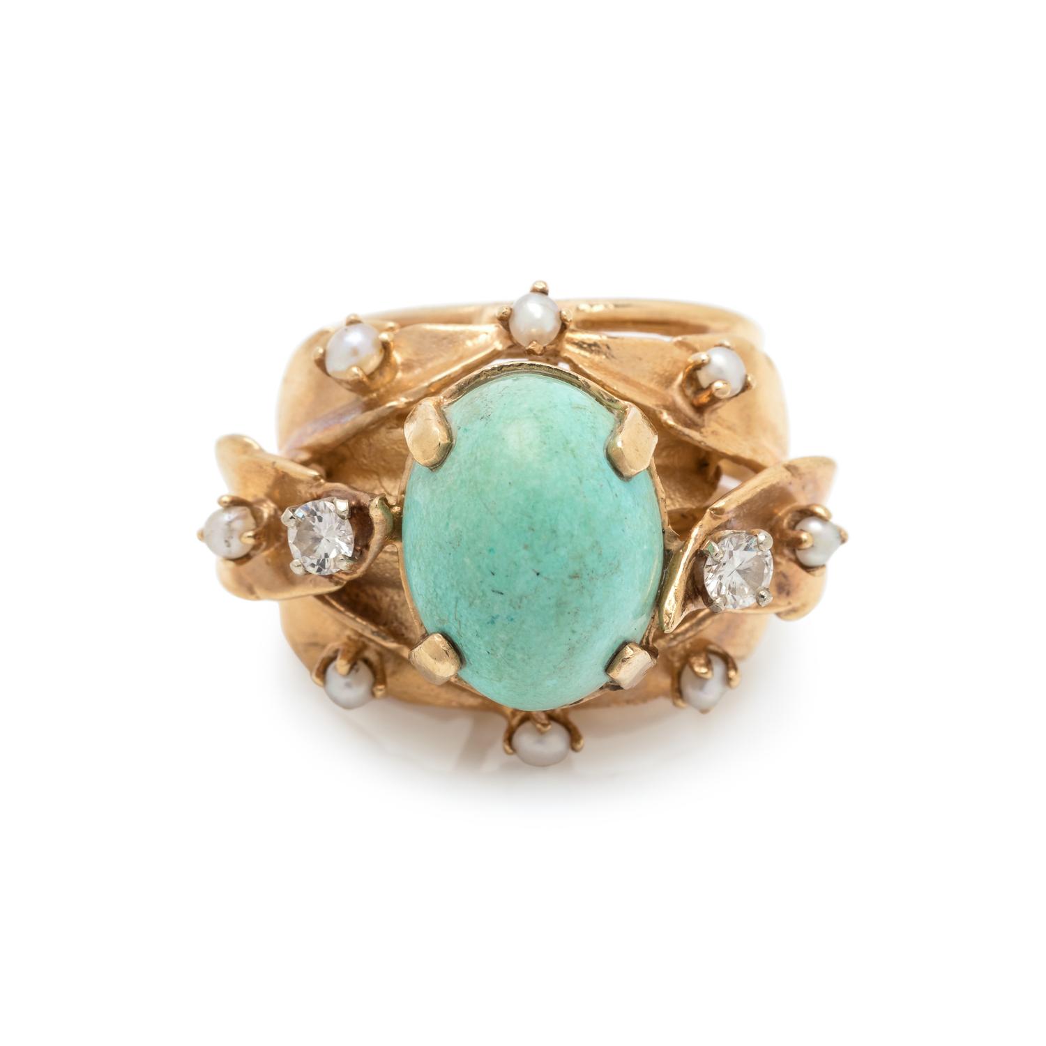 SYNTHETIC TURQUOISE, DIAMOND AND SEED PEARL RING