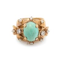 SYNTHETIC TURQUOISE, DIAMOND AND SEED PEARL RING