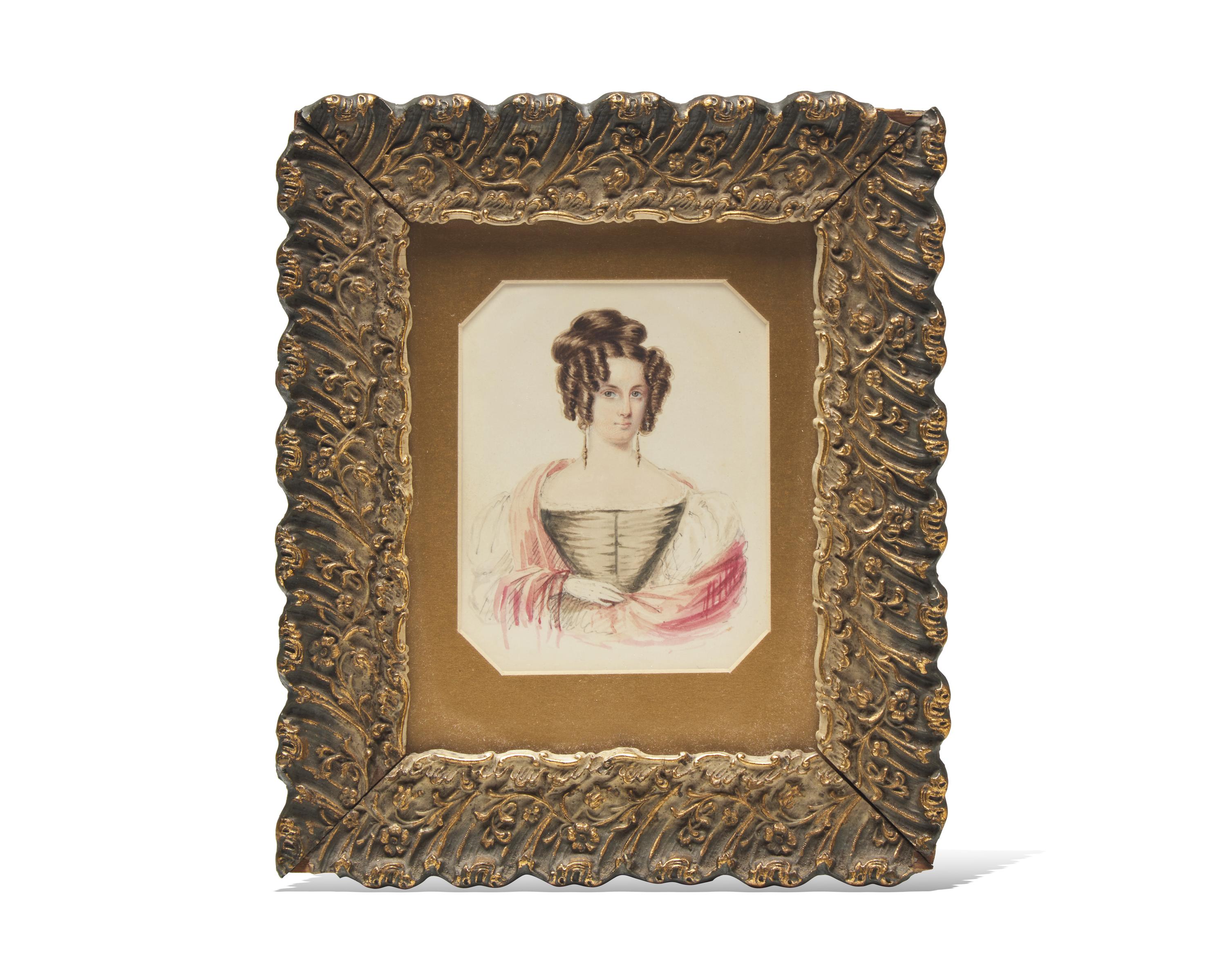 English School 19th Century, A Portrait Miniature of a Young Woman With Pink Shawl