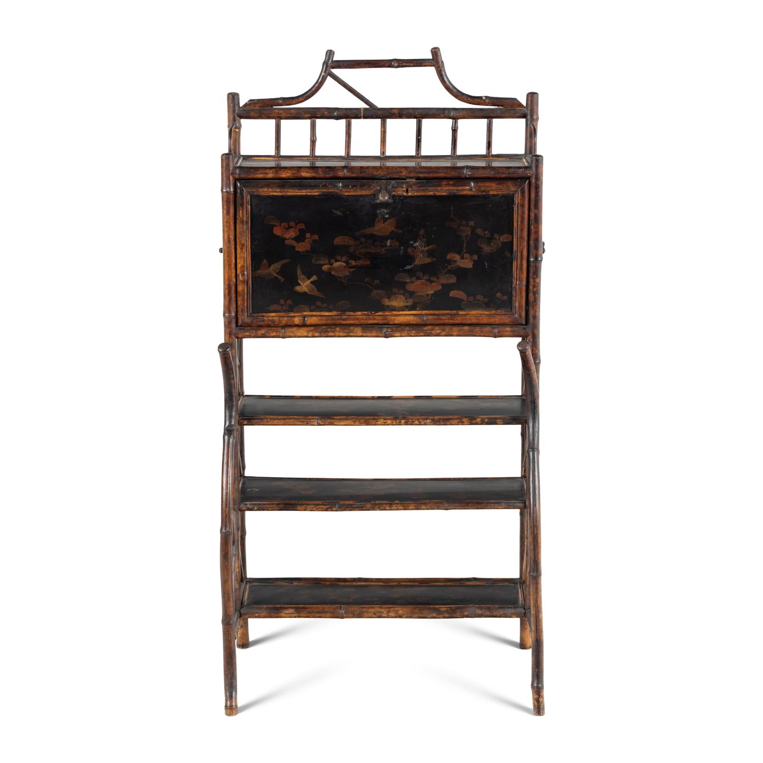 An English Bamboo and Lacquer Bureau Etagere