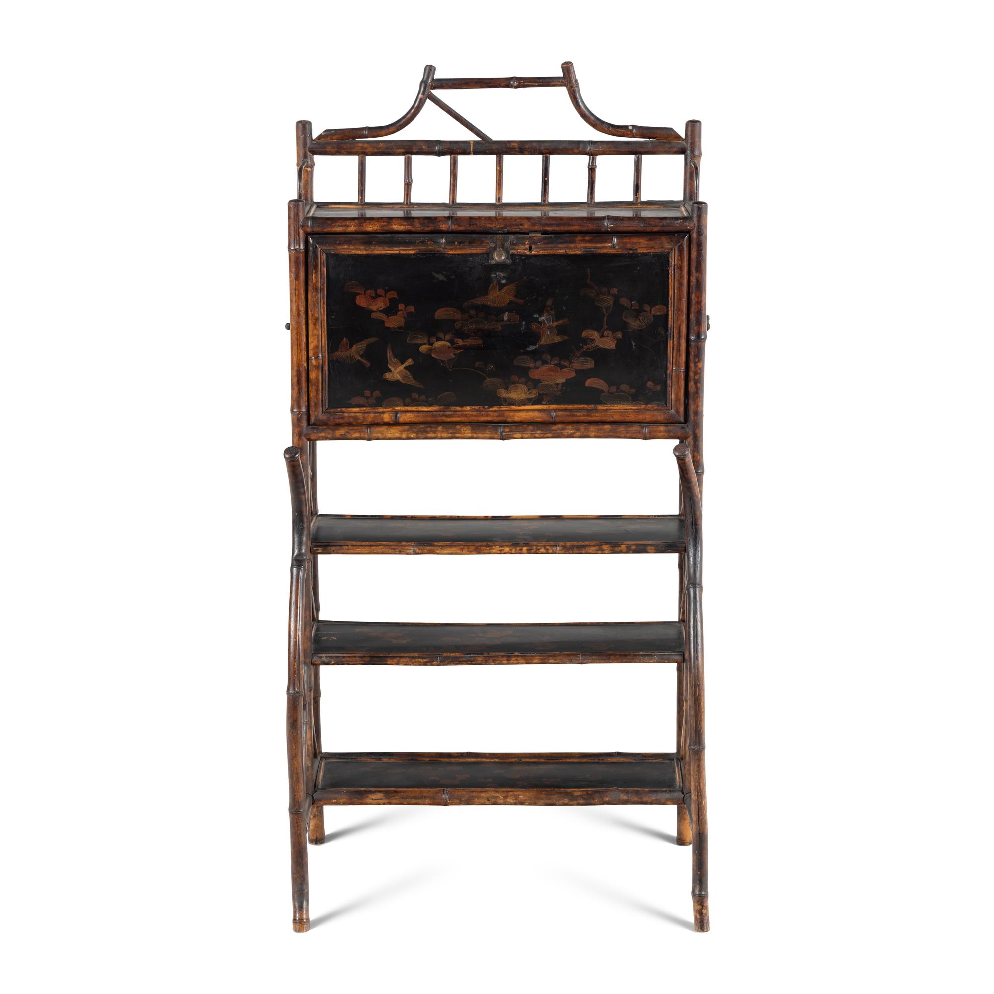 An English Bamboo and Lacquer Bureau Etagere