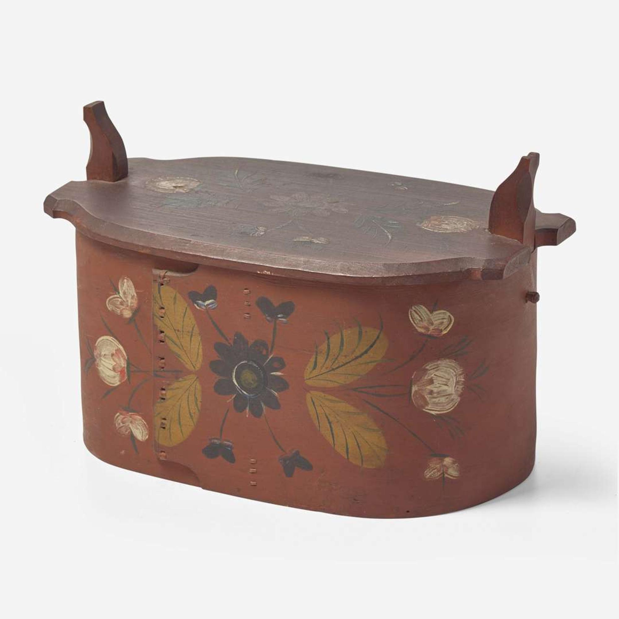 An assorted collection of nine carved and paint-decorated boxes and busk; American and Northern European, 18th / 19th century