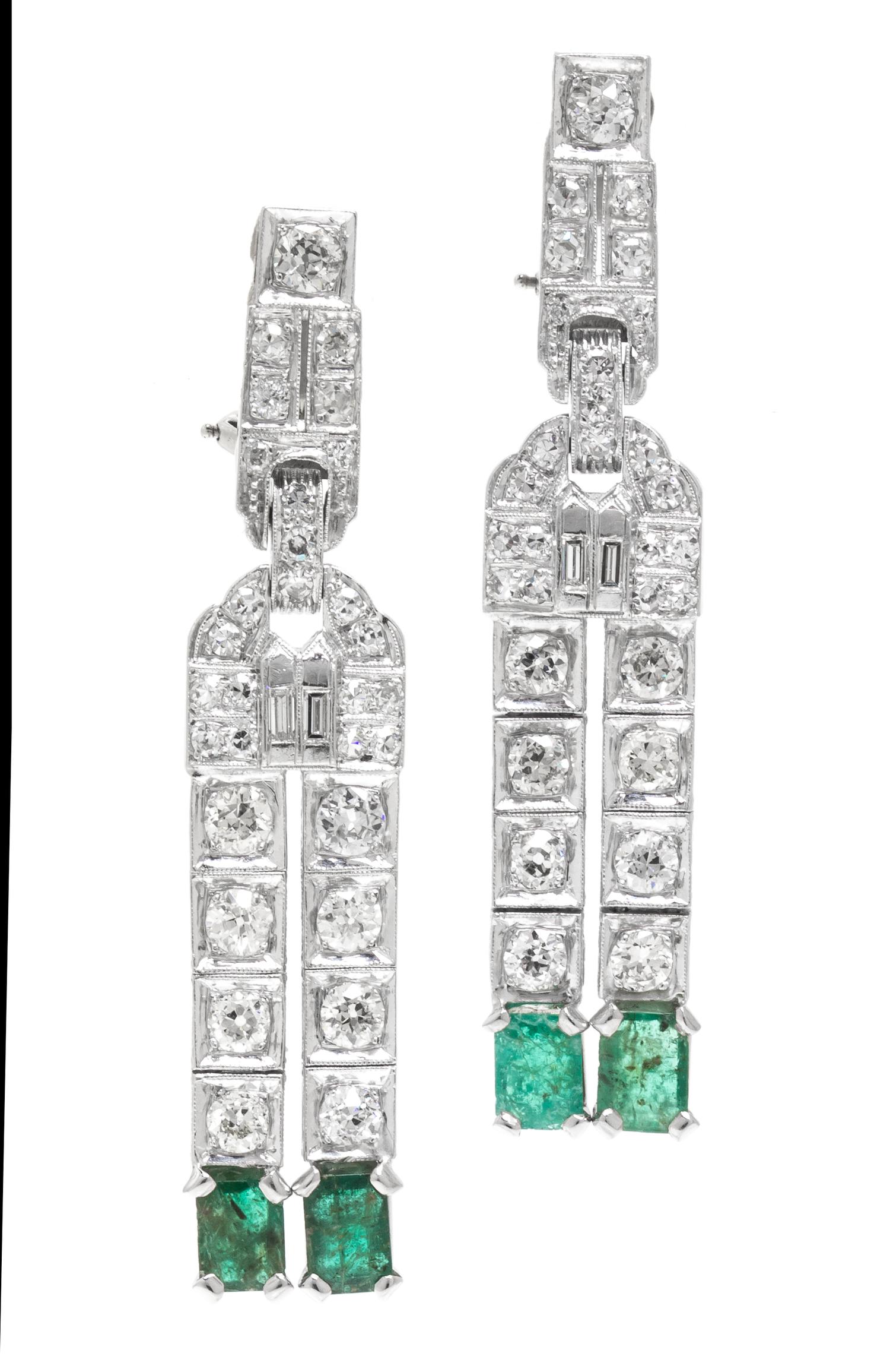 A Pair of Platinum, Diamond and Emerald Earrings, 10.50 dwts.