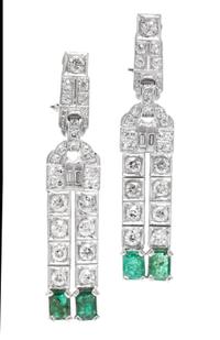 A Pair of Platinum, Diamond and Emerald Earrings, 10.50 dwts.