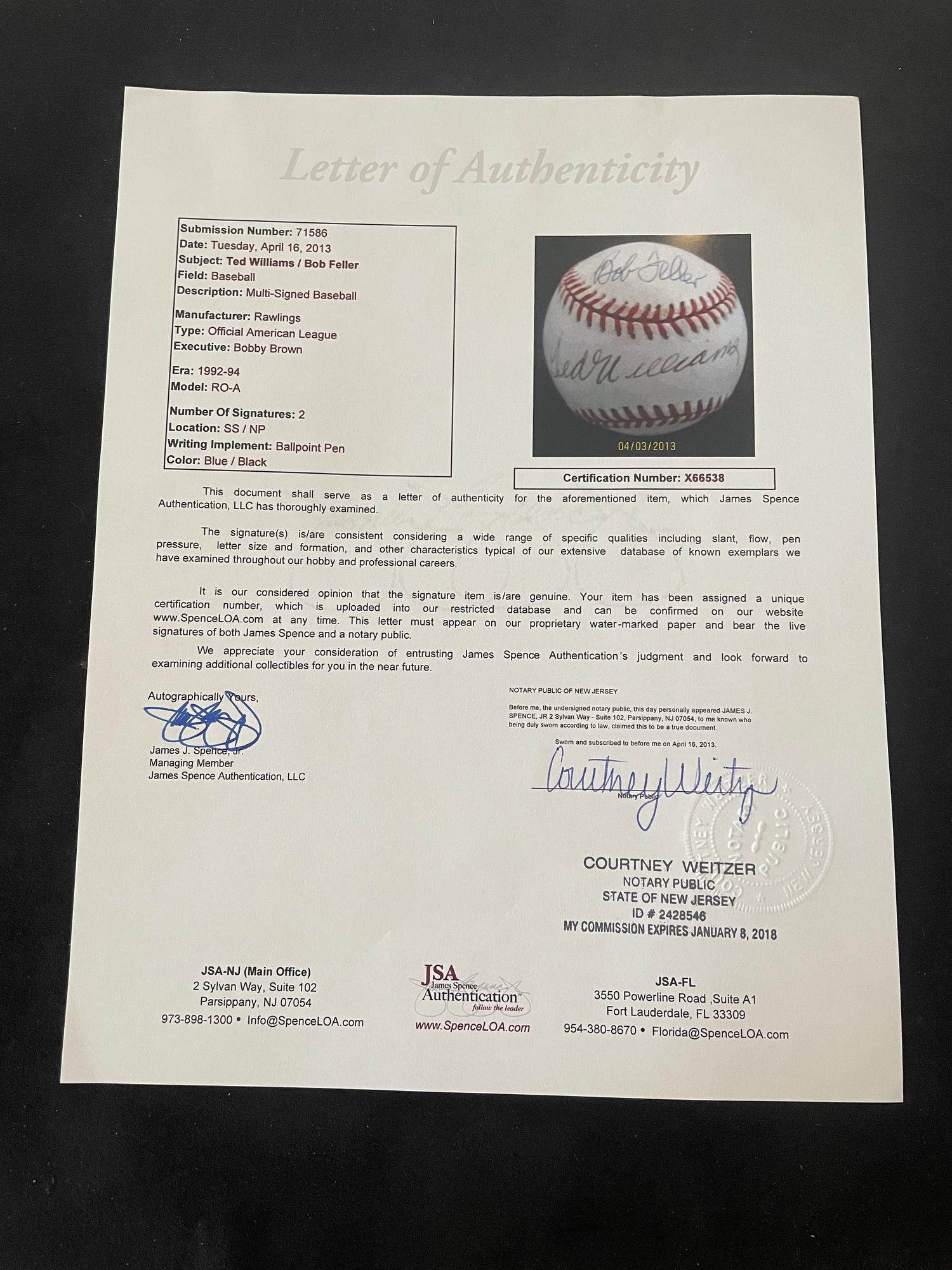 A Collection of Two Ted Williams / Bob Feller Dual Signed Autograph Baseballs (JSA Letters)