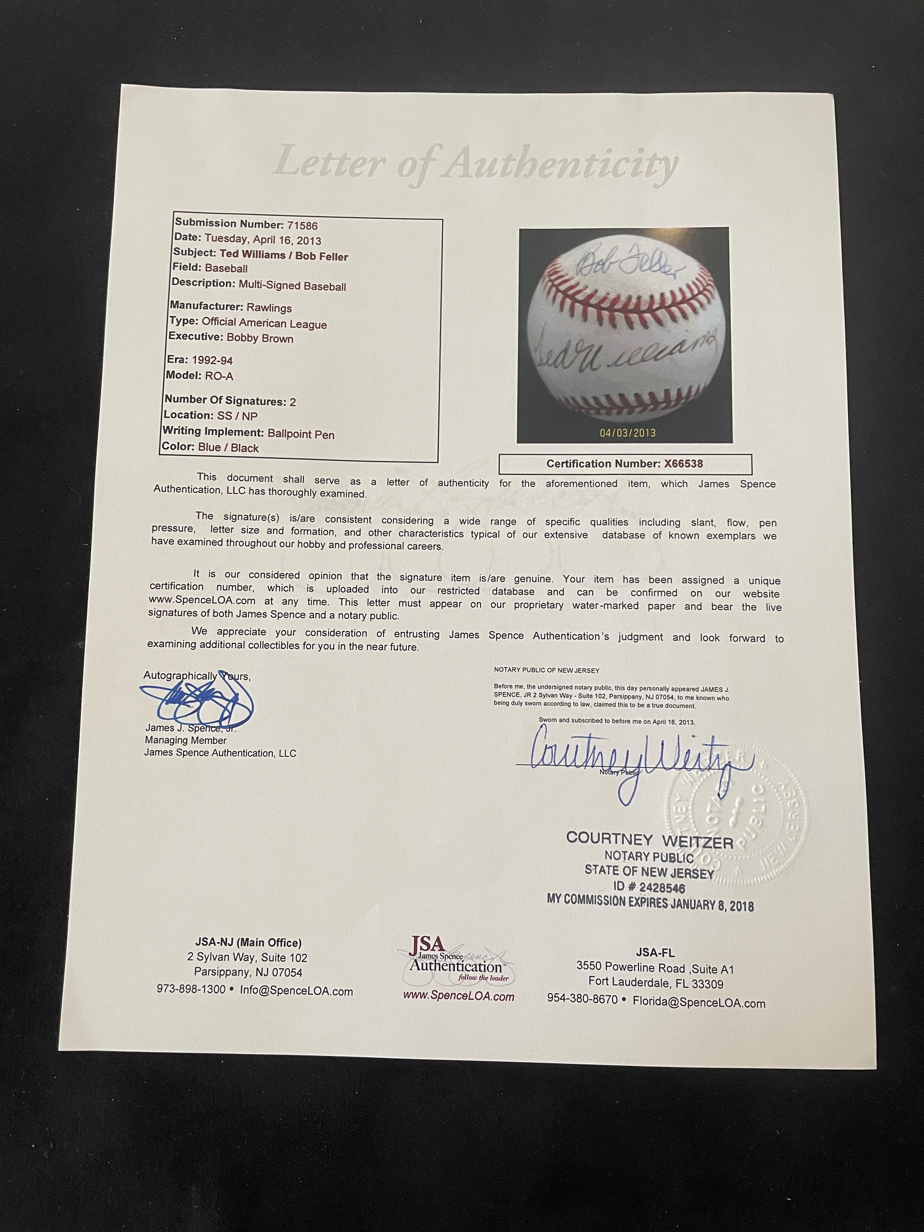 A Collection of Two Ted Williams / Bob Feller Dual Signed Autograph Baseballs (JSA Letters)