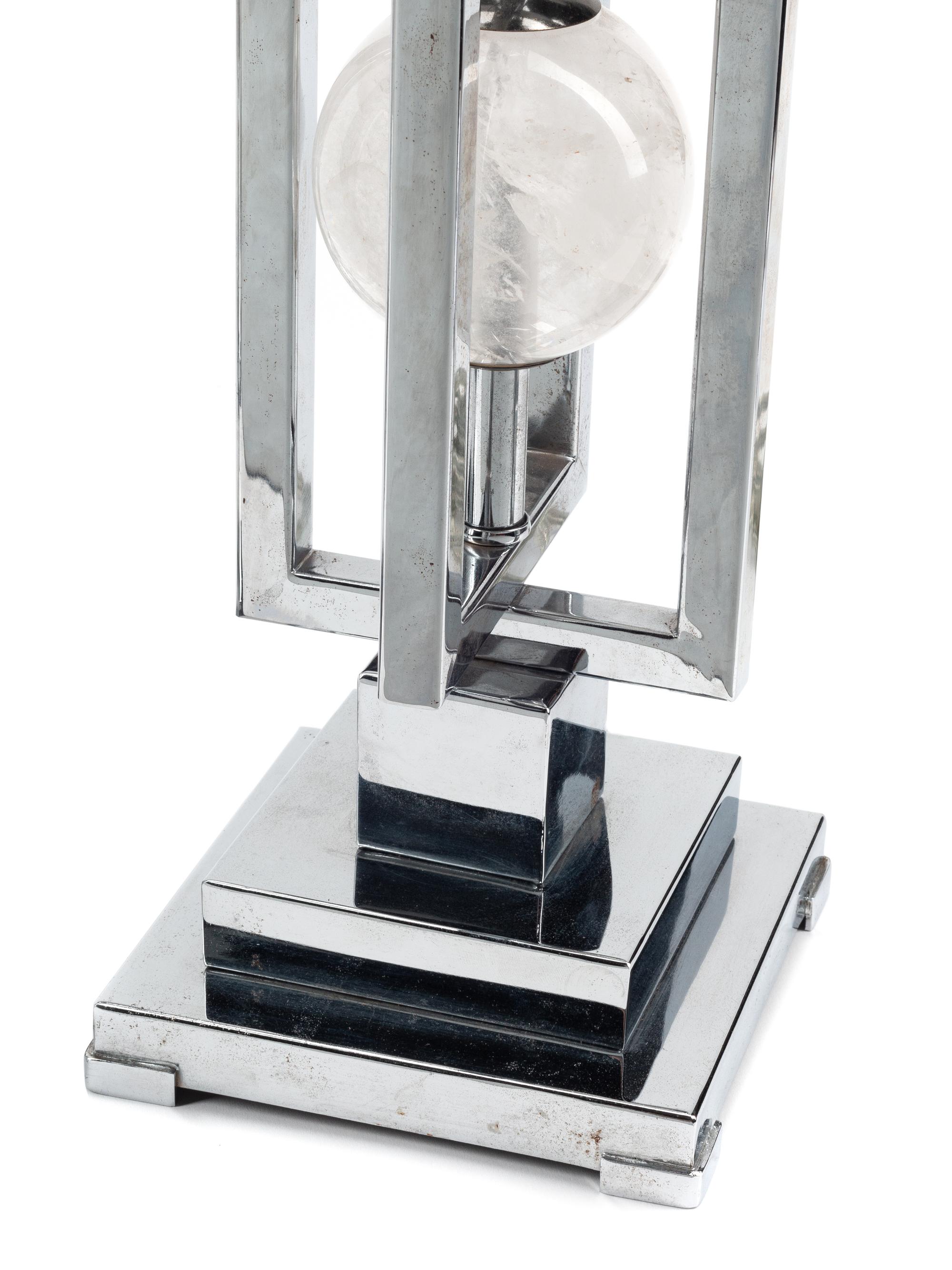 A Pair of Contemporary Chrome and Rock Crystal Table Lamps