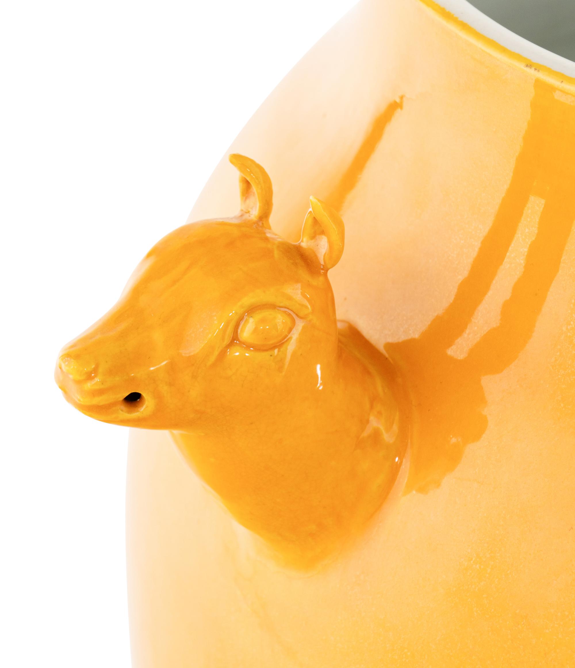 A Pair of Chinese Yellow Glazed Porcelain 'Deer' Jars