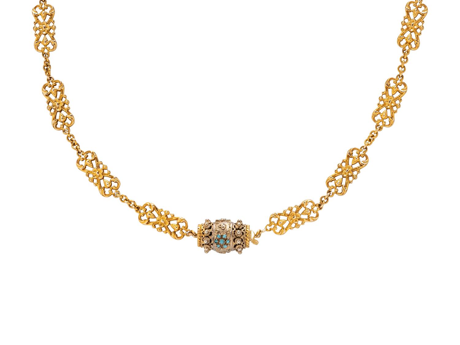 YELLOW GOLD AND TURQUOISE FANCY LINK CHAIN NECKLACE