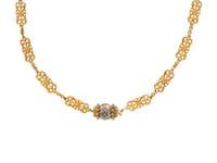 YELLOW GOLD AND TURQUOISE FANCY LINK CHAIN NECKLACE
