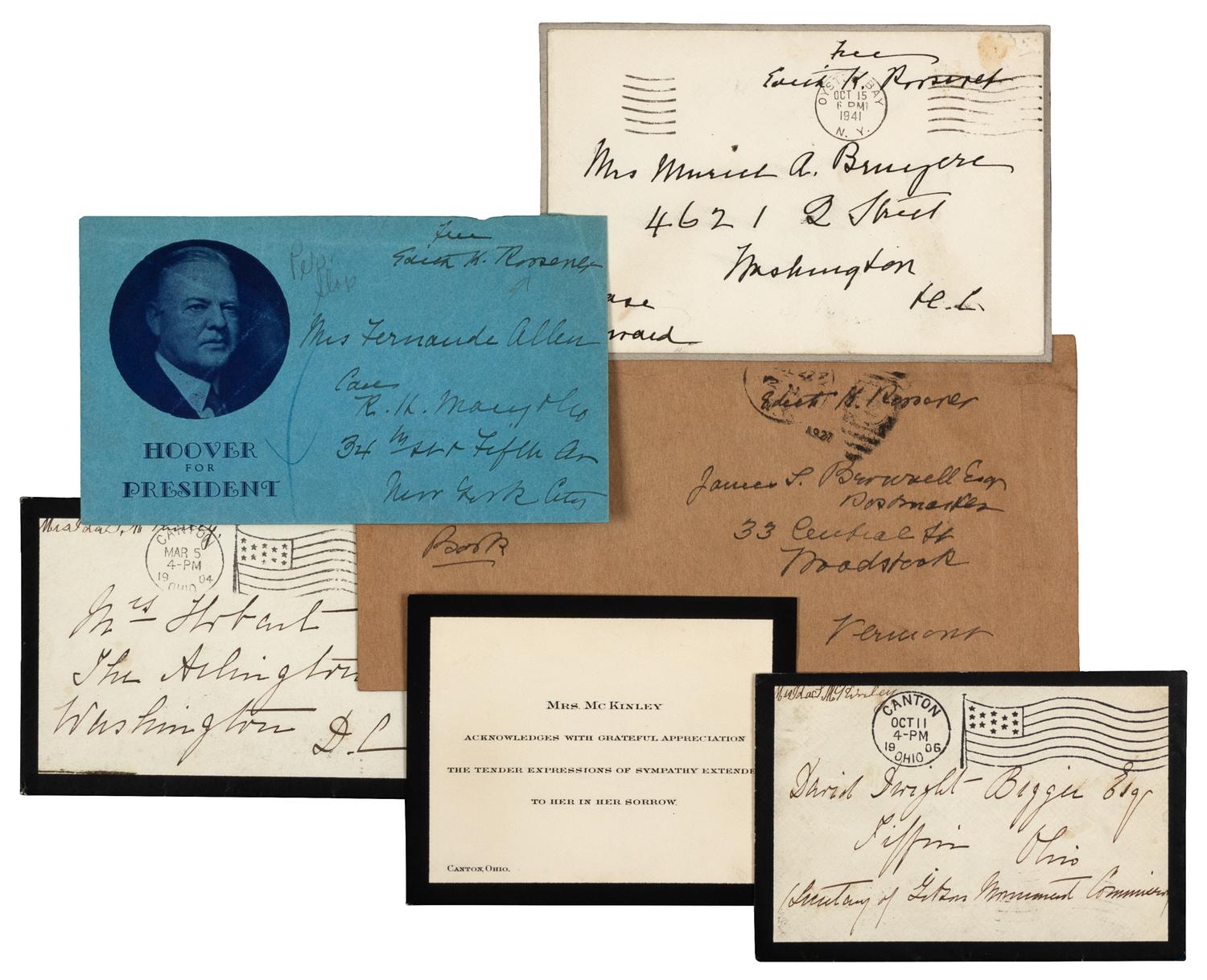 [FIRST LADY FREE FRANKS]. A group of autograph free franks by Ida Saxton McKinley (1847-1907) and Edith Kermit Carow Roosevelt (1861-1948), comprising: