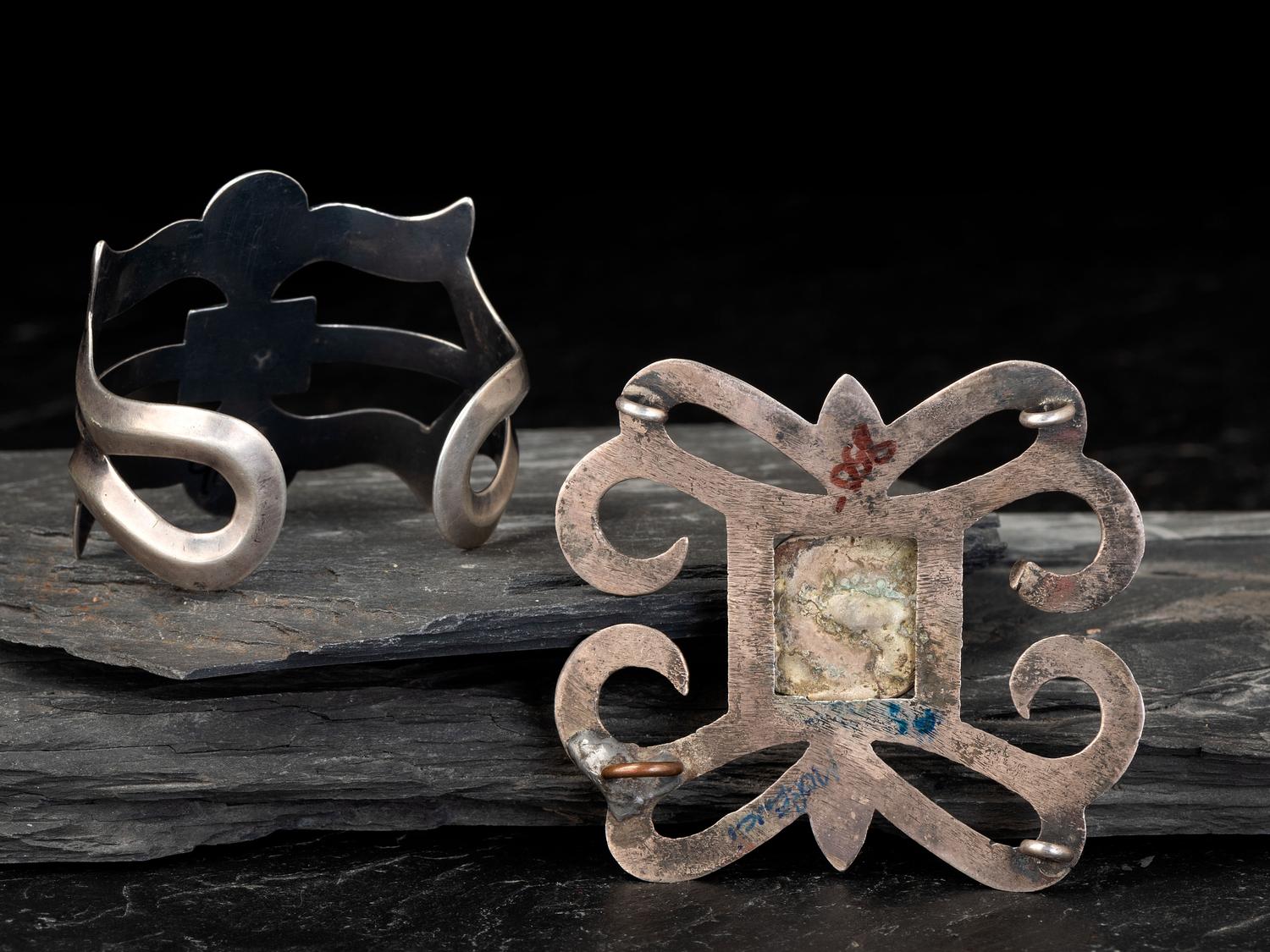 Navajo Sand Cast Silver and Turquoise Cuff Bracelet and Ketoh Concha