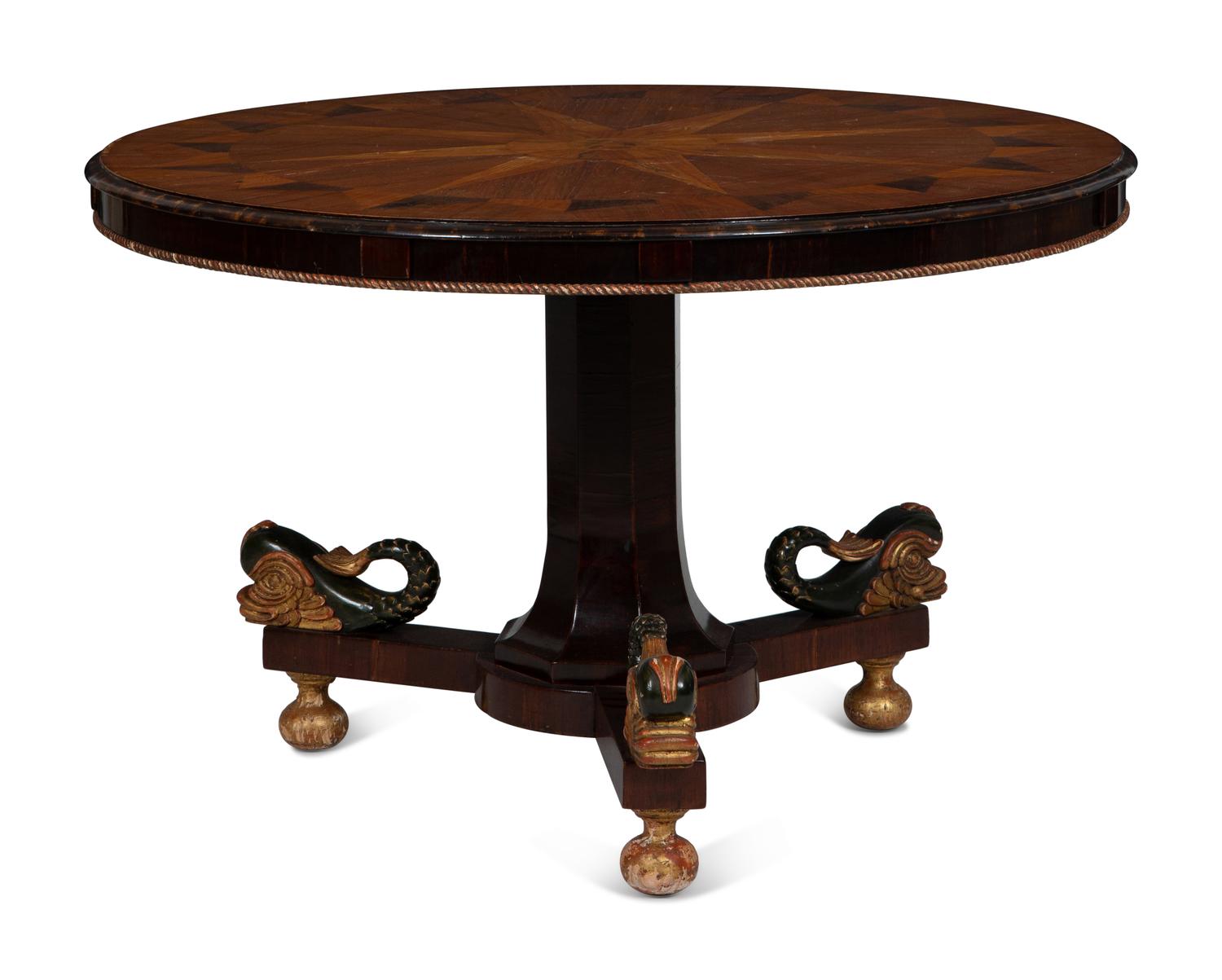 An Italian Parquetry, Ebonized and Parcel Gilt Extending Dining Table