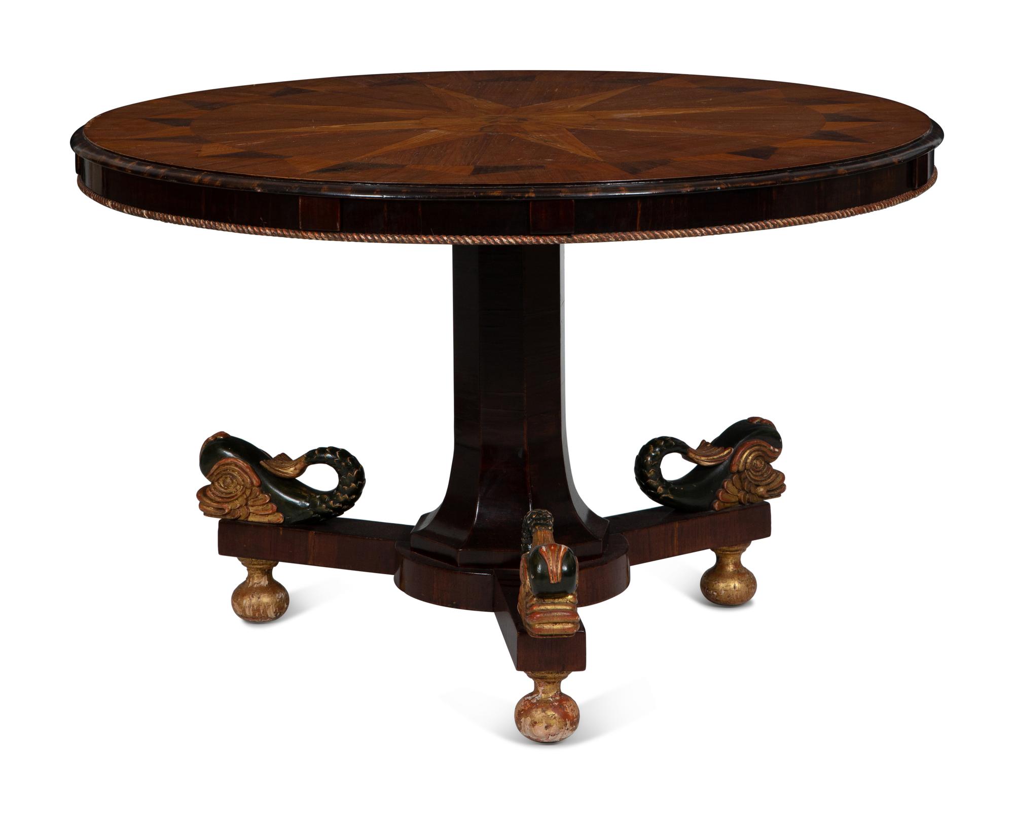 An Italian Parquetry, Ebonized and Parcel Gilt Extending Dining Table