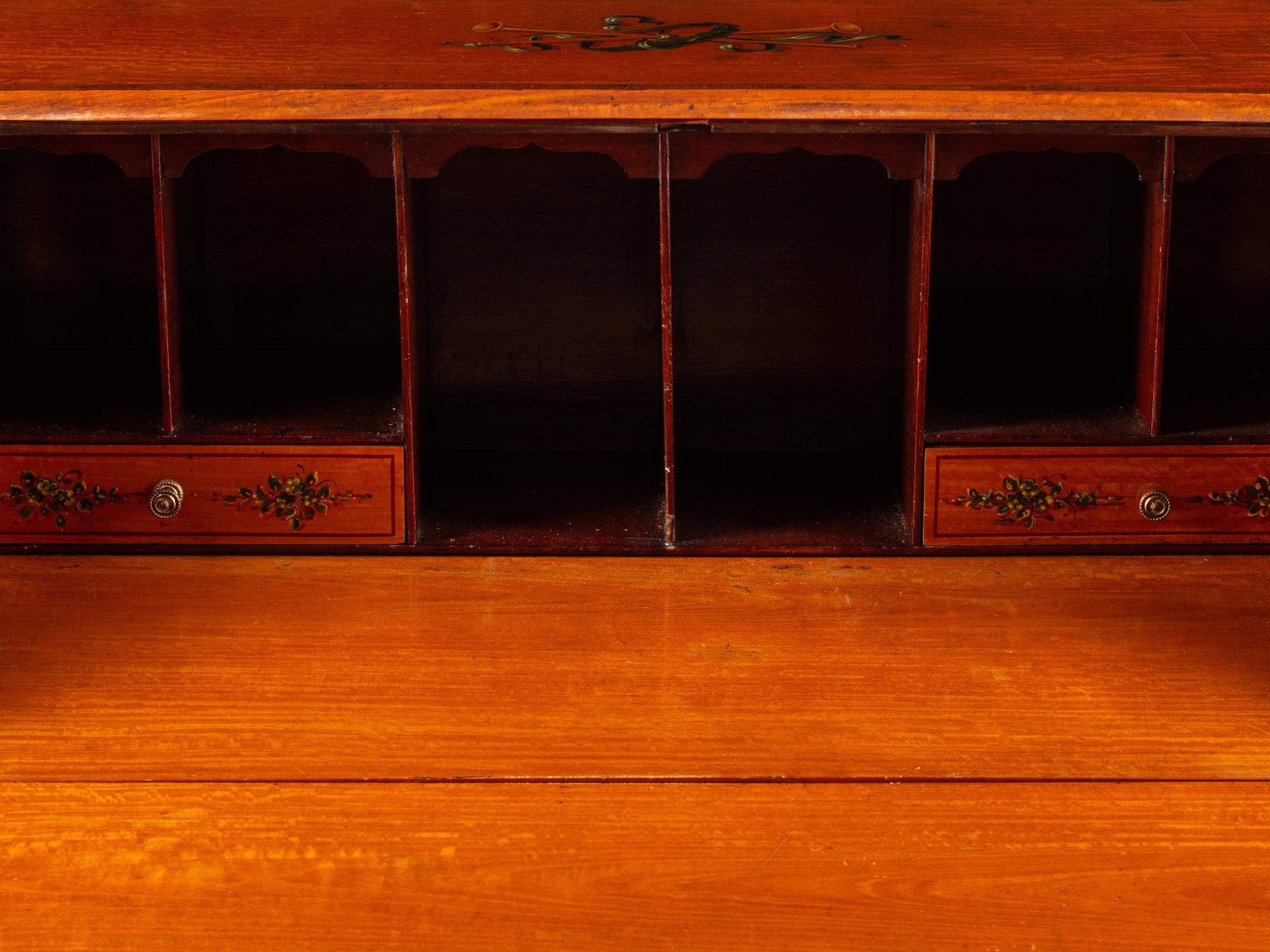 An Edwardian Paint Decorated Satinwood Slant-Front Bureau