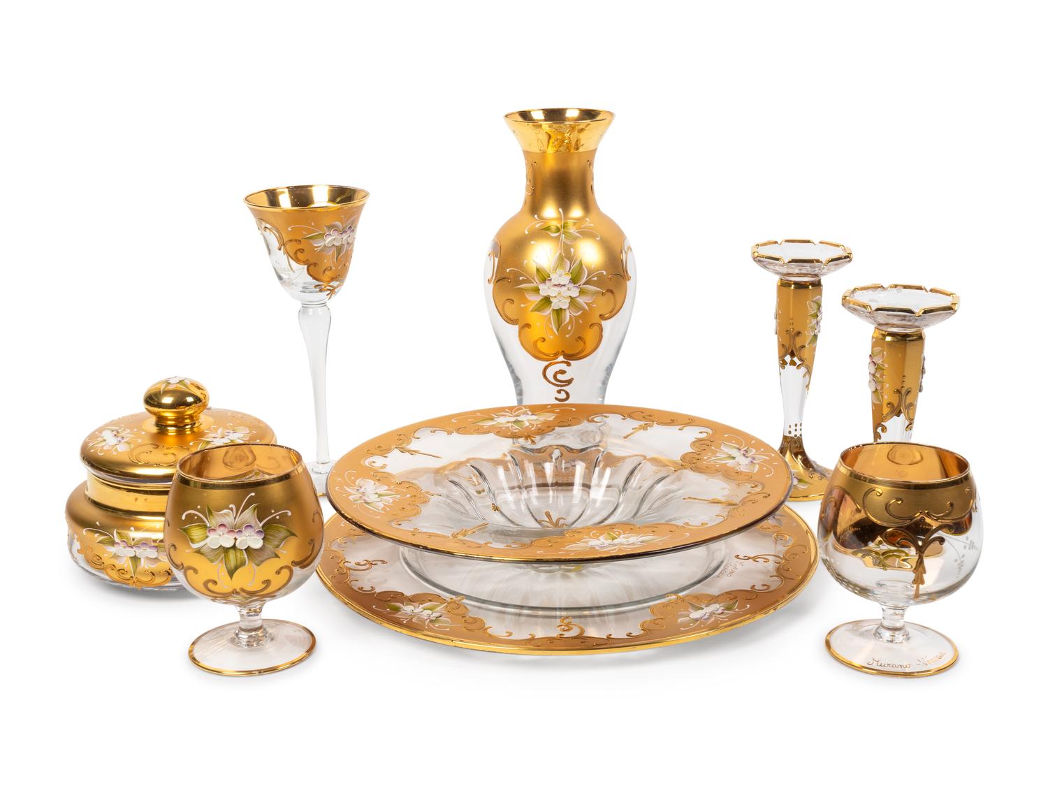 Nine Murano Gilt-Decorated Glass Table Articles