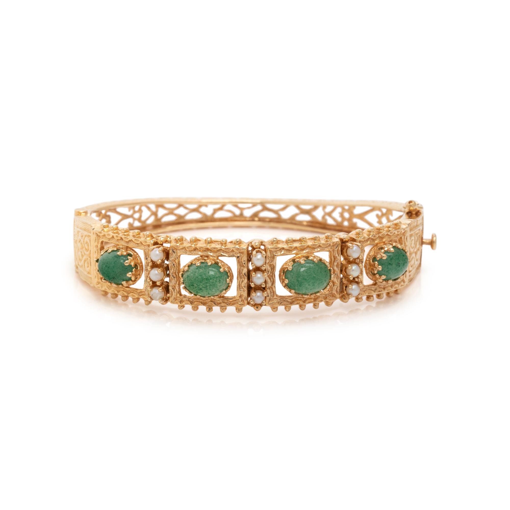 DYED GREEN QUARTZ AND SEED PEARL BANGLE BRACELET