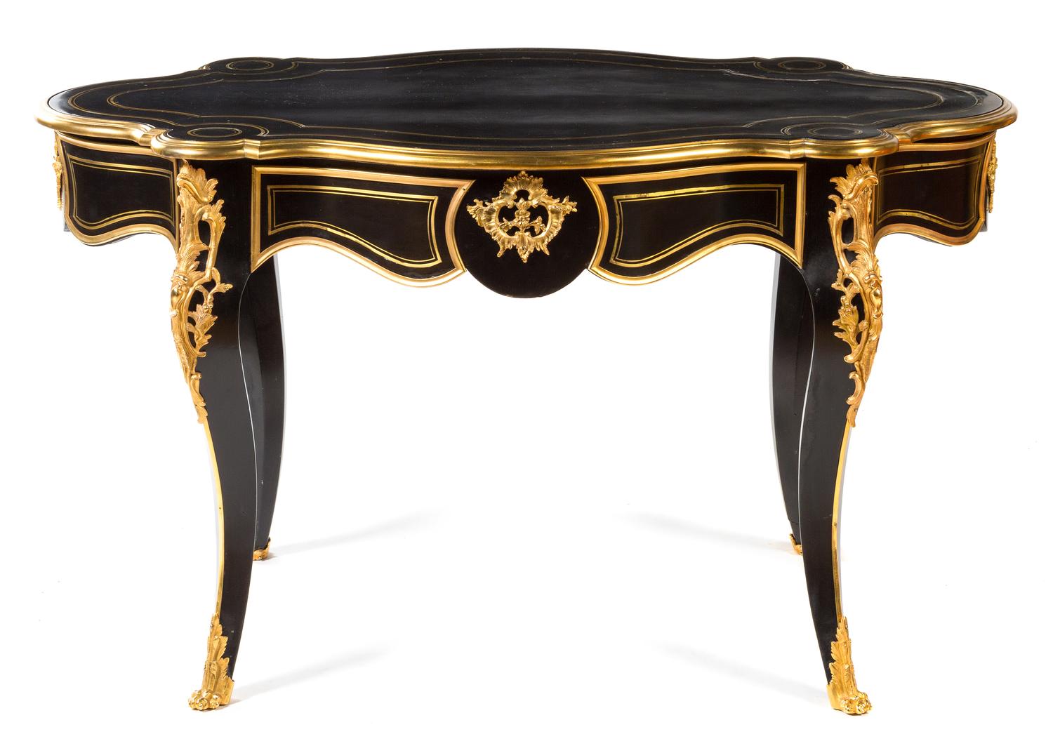 A Louis XV Style Gilt Bronze Mounted Ebonized Bureau Plat Height 30 x width 53 x depth 32 inches. — LATE 19TH CENTURY