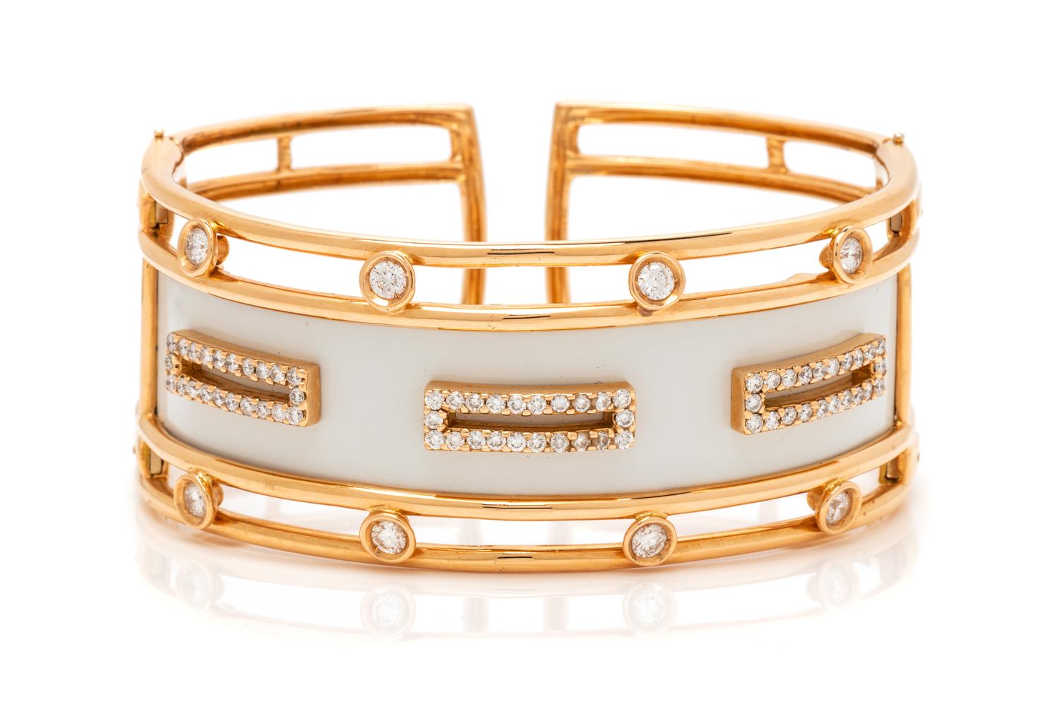 A Rose Gold, Diamond and Enamel Cuff Bracelet, 29.90 dwts.