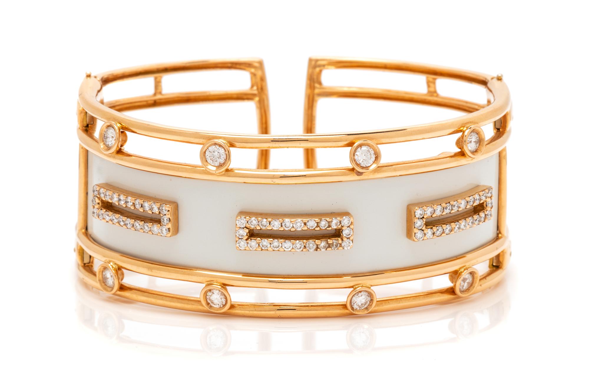 A Rose Gold, Diamond and Enamel Cuff Bracelet, 29.90 dwts.