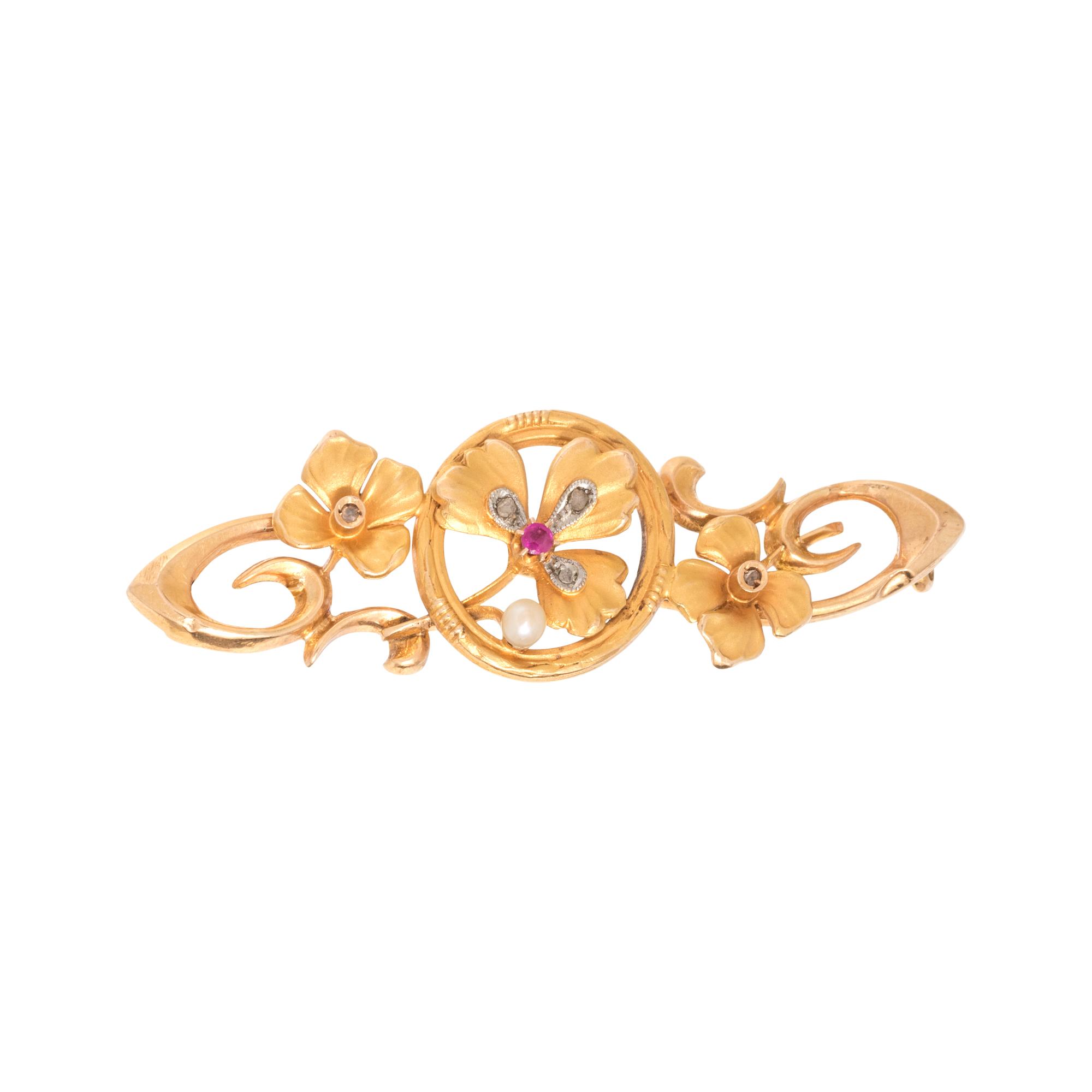 ART NOUVEAU, YELLOW GOLD AND MULTIGEM FLOWER BROOCH
