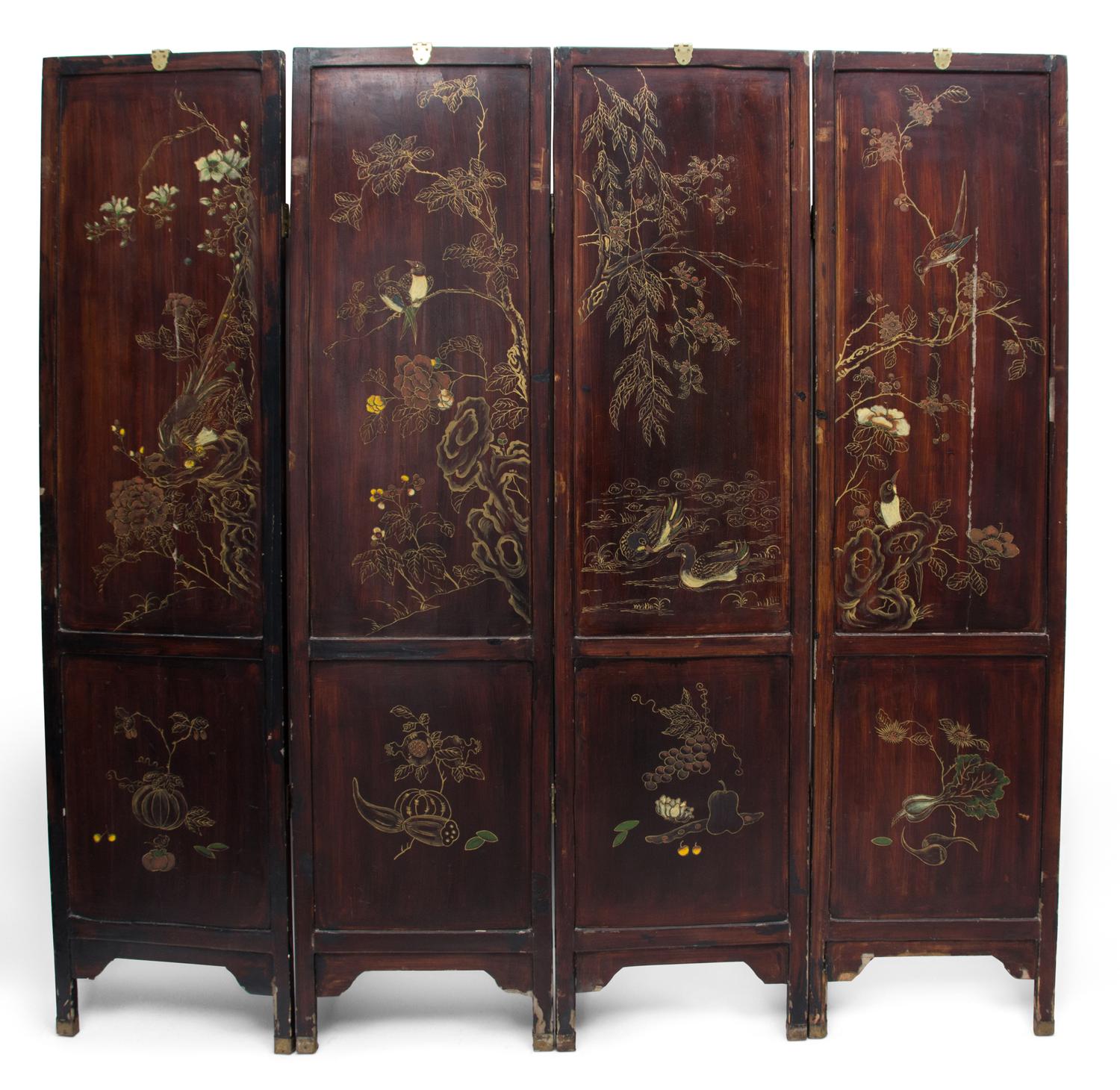 A Chinese Lacquered Four Panel Floor Screen Height of each 72 x width 18 inches. — LATE 19TH CENTURY