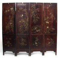 A Chinese Lacquered Four Panel Floor Screen Height of each 72 x width 18 inches. — LATE 19TH CENTURY