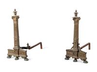 A Pair of Continental Gilt Bronze Andirons with Corinthian Columnar Capitals