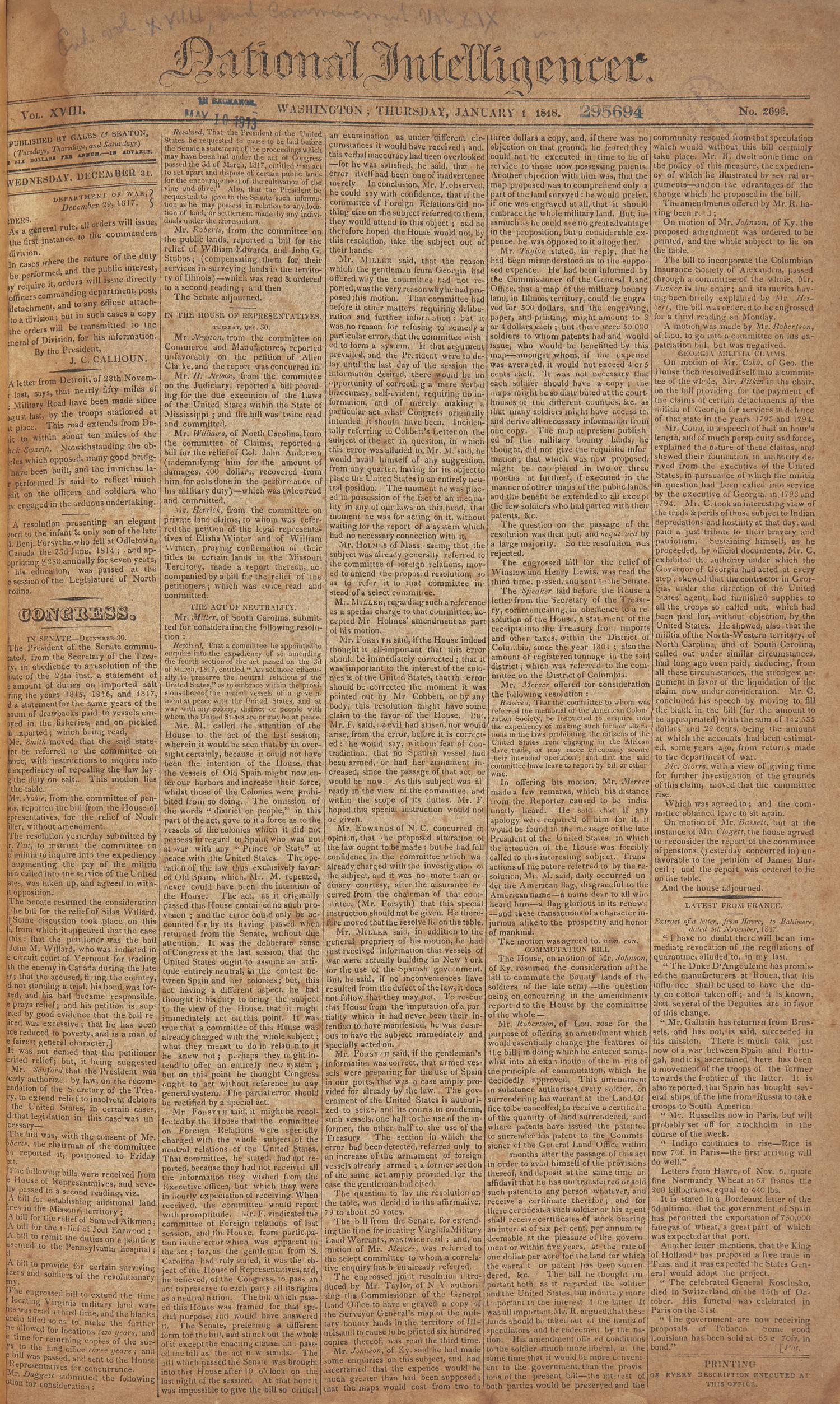 [American Newspapers] Extensive and Consecutive Run of Issues of the National Intelligencer , the Major Newspaper of the Nation's Capital, Printed During the Second Year of the Presidency of James Monroe