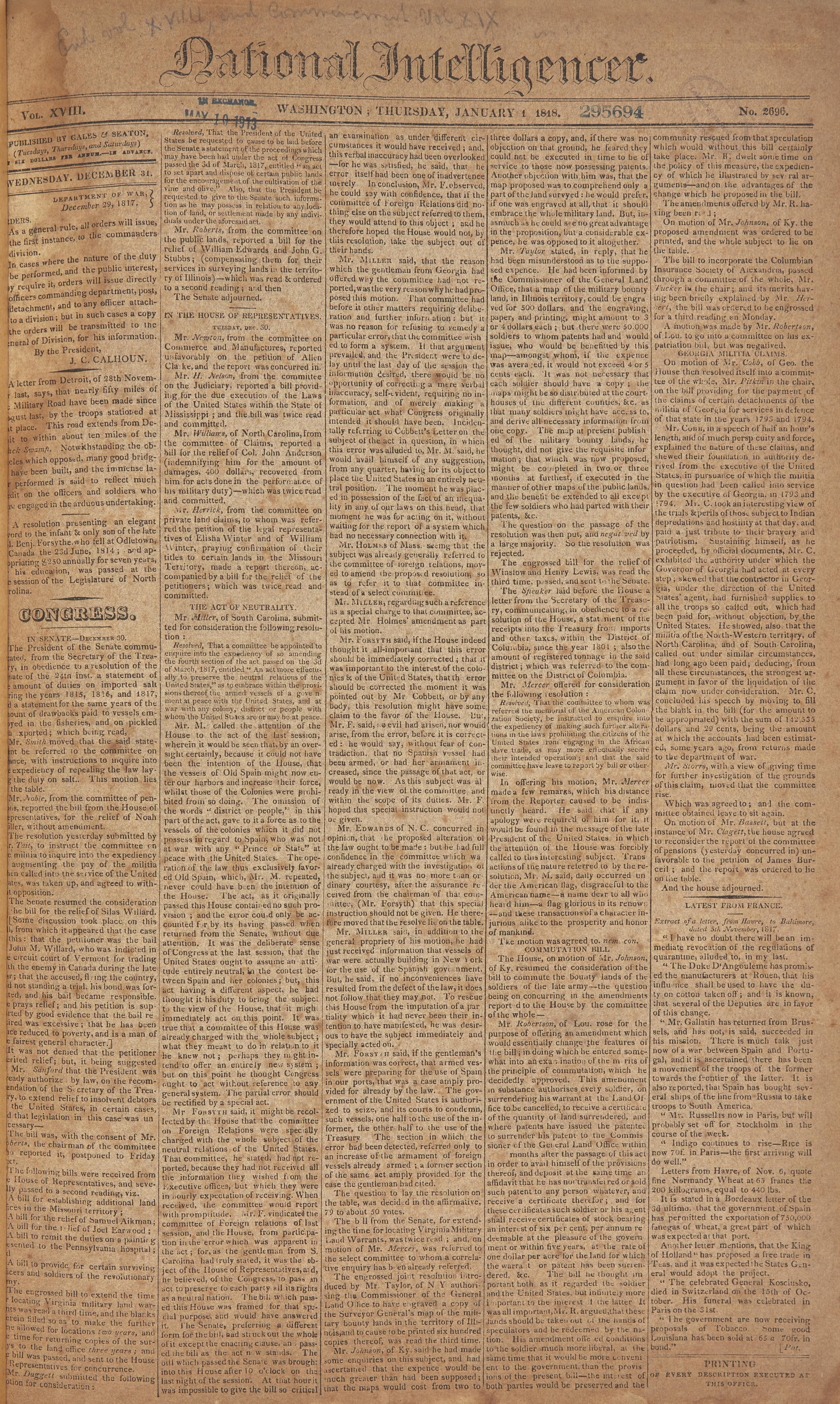 [American Newspapers] Extensive and Consecutive Run of Issues of the National Intelligencer , the Major Newspaper of the Nation's Capital, Printed During the Second Year of the Presidency of James Monroe