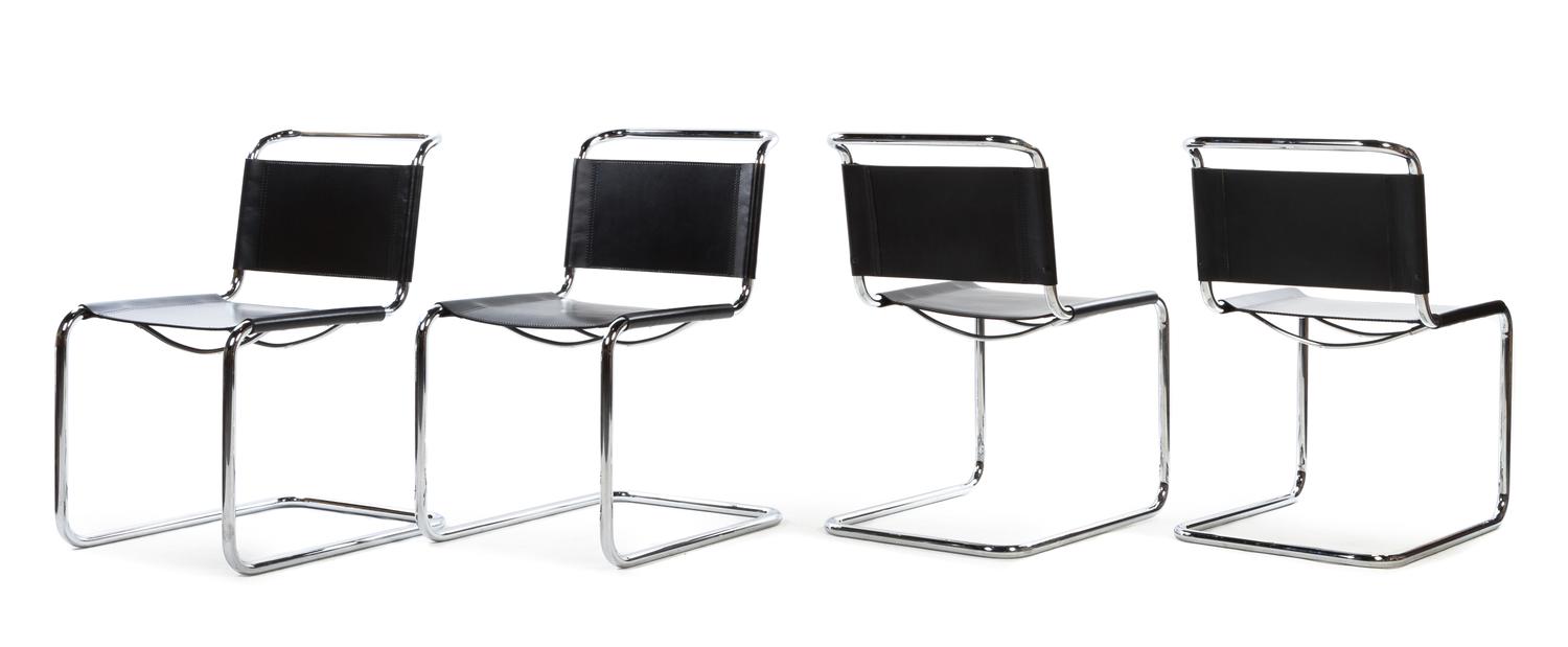 A Set of Four Chromed Aluminum and Leather Side Chairs Height 32 x width 19 1/4 x depth 25 inches. — AFTER THE DESIGN BY MART STAM