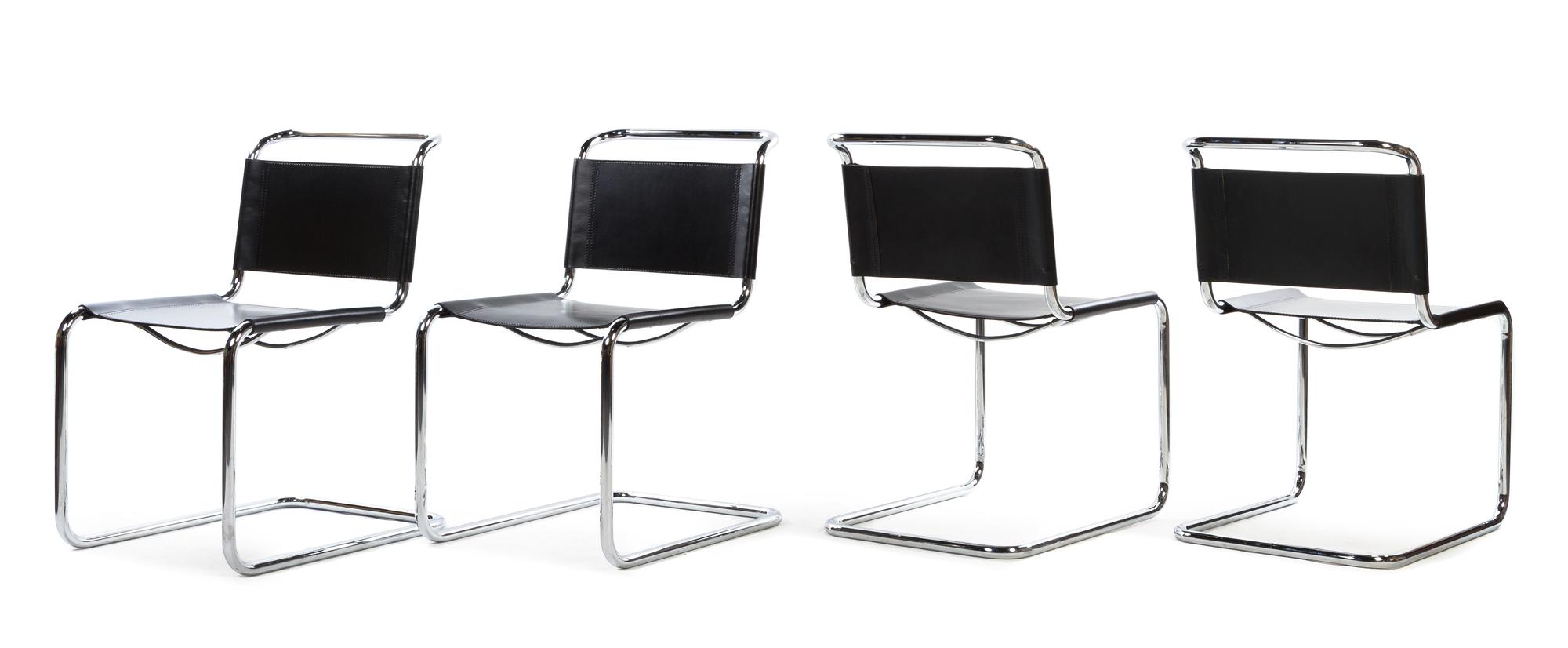 A Set of Four Chromed Aluminum and Leather Side Chairs Height 32 x width 19 1/4 x depth 25 inches. — AFTER THE DESIGN BY MART STAM