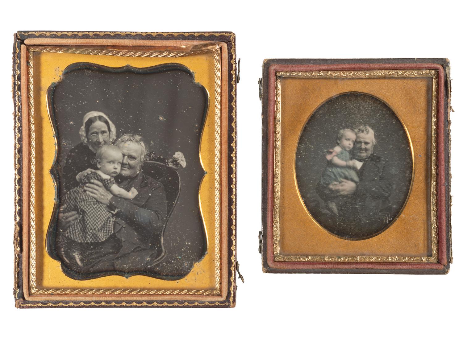 [EARLY PHOTOGRAPHY]. A pair of charming daguerreotypes of an elderly gentleman holding a baby.