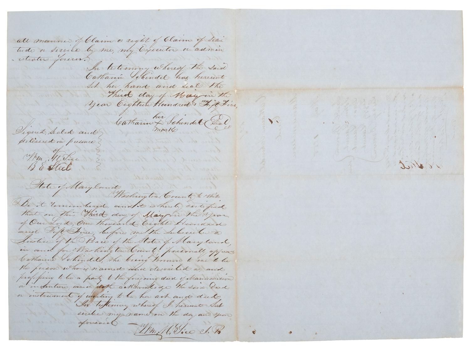 [ENSLAVEMENT & ABOLITION]. Manuscript deed of manumission listing five enslaved persons. Washington County, MD, May 1855.