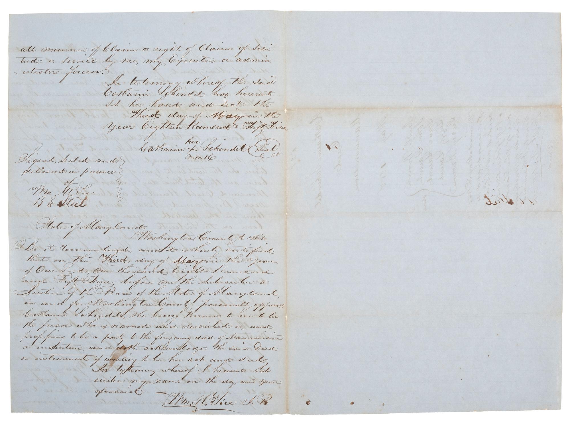 [ENSLAVEMENT & ABOLITION]. Manuscript deed of manumission listing five enslaved persons. Washington County, MD, May 1855.