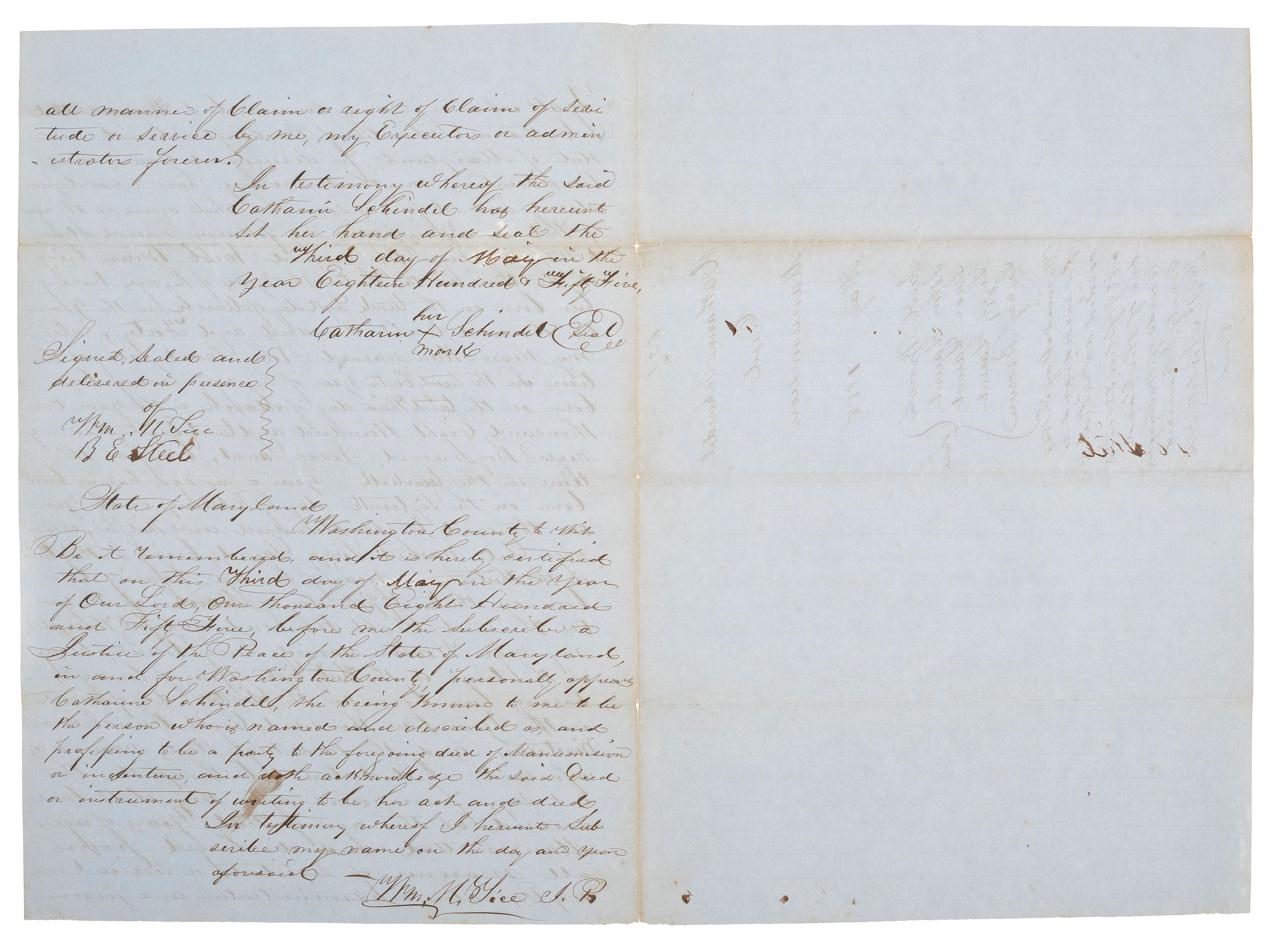 [ENSLAVEMENT & ABOLITION]. Manuscript deed of manumission listing five enslaved persons. Washington County, MD, May 1855.