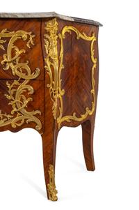 A Louis XV Style Gilt Bronze Mounted Marquetry Marble-Top Bombe Commode