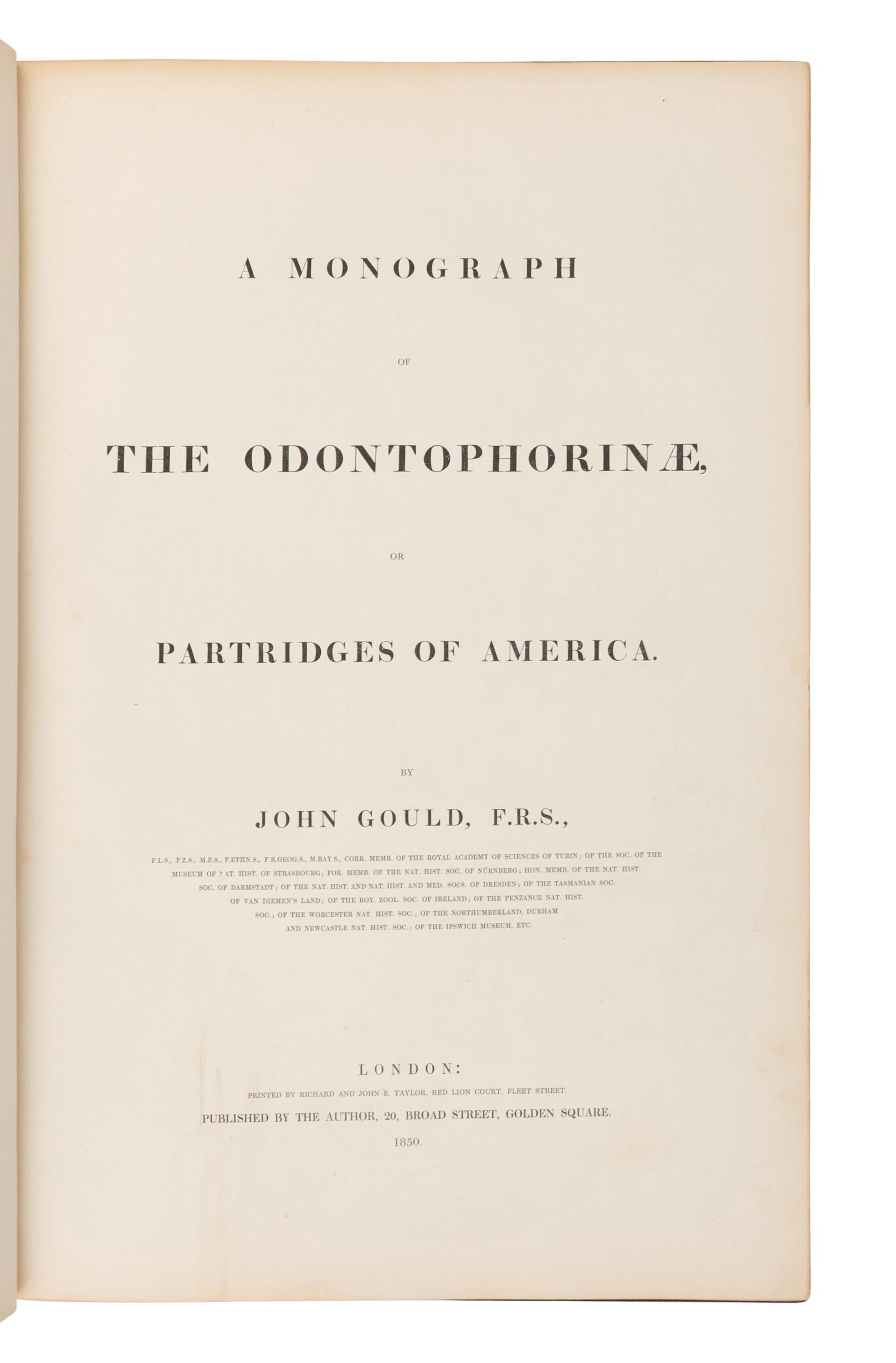 GOULD, John (1804-1881). A Monograph of the Odontophorinae, or Partridges of America . London: Richard & John E. Taylor for the Author, [1844-] 1850.