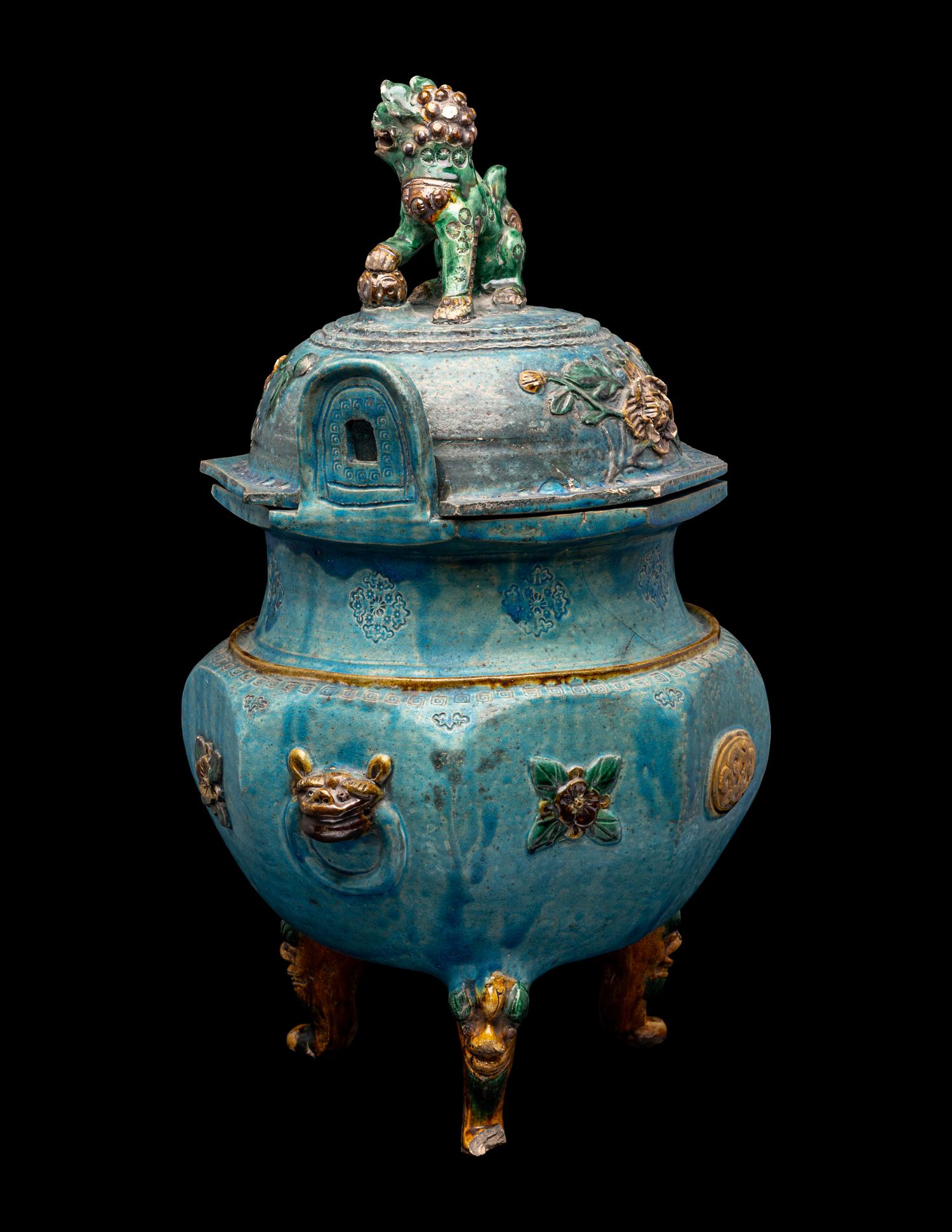 A Chinese Fahua Porcelain Incense Burner and Cover