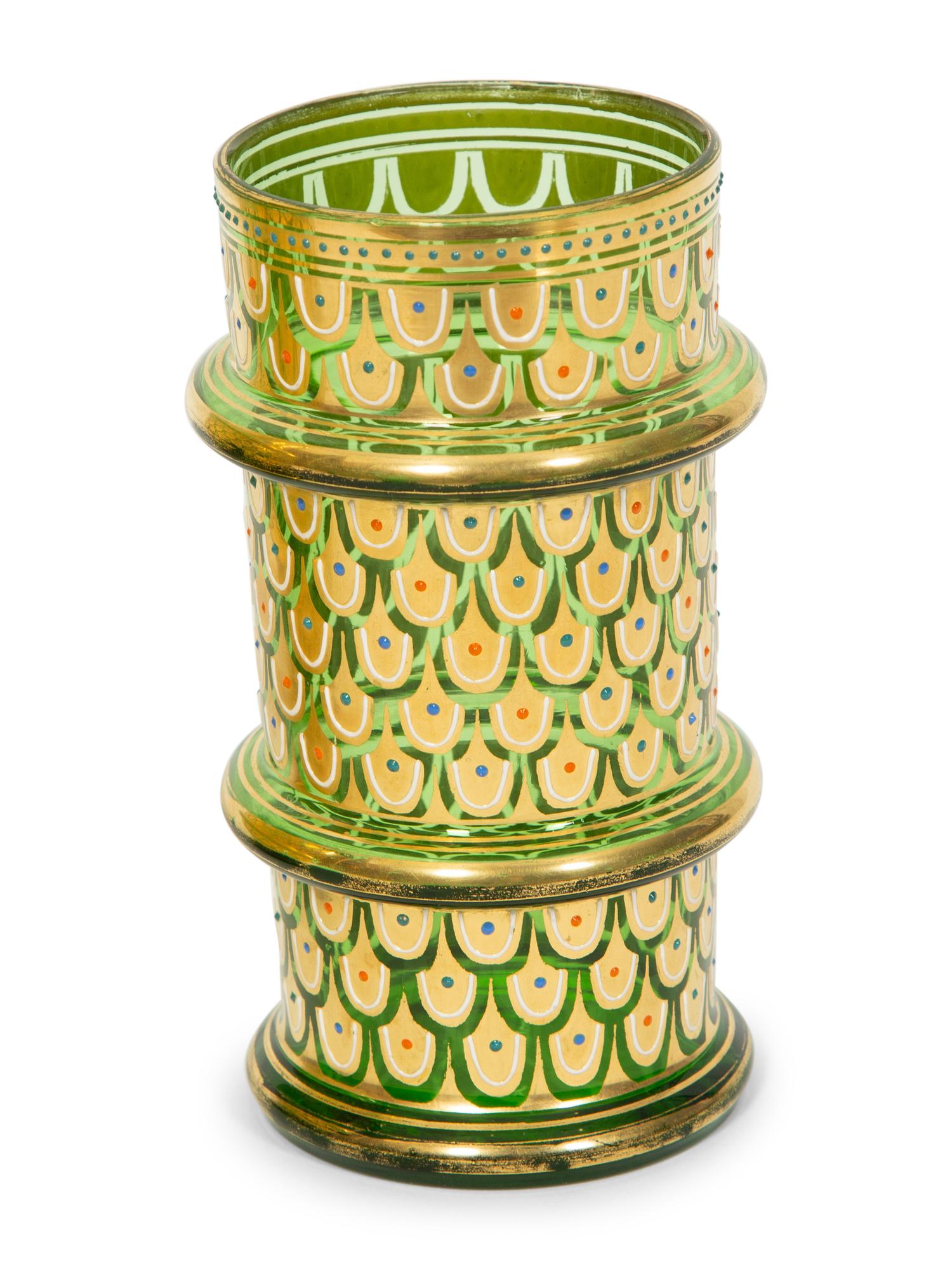 A Bohemian Enameled Glass Cocktail Set and Associated Ewer