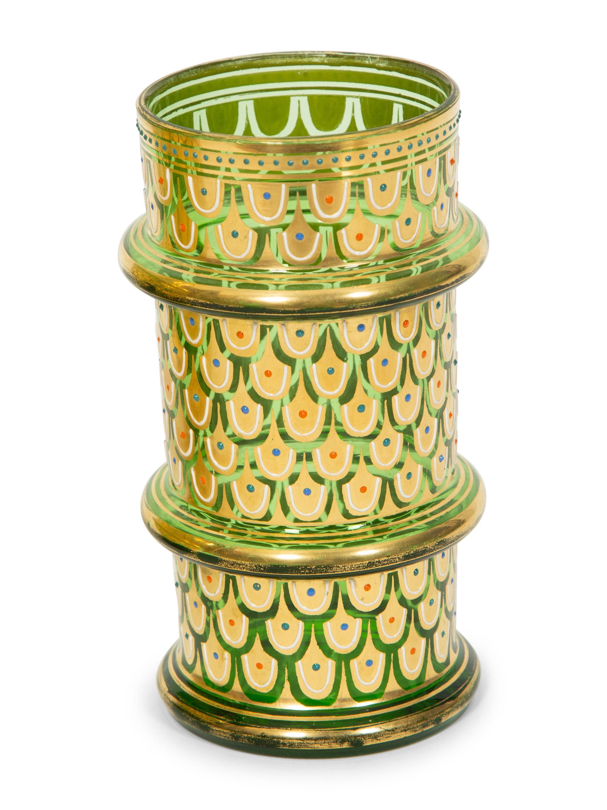 A Bohemian Enameled Glass Cocktail Set and Associated Ewer