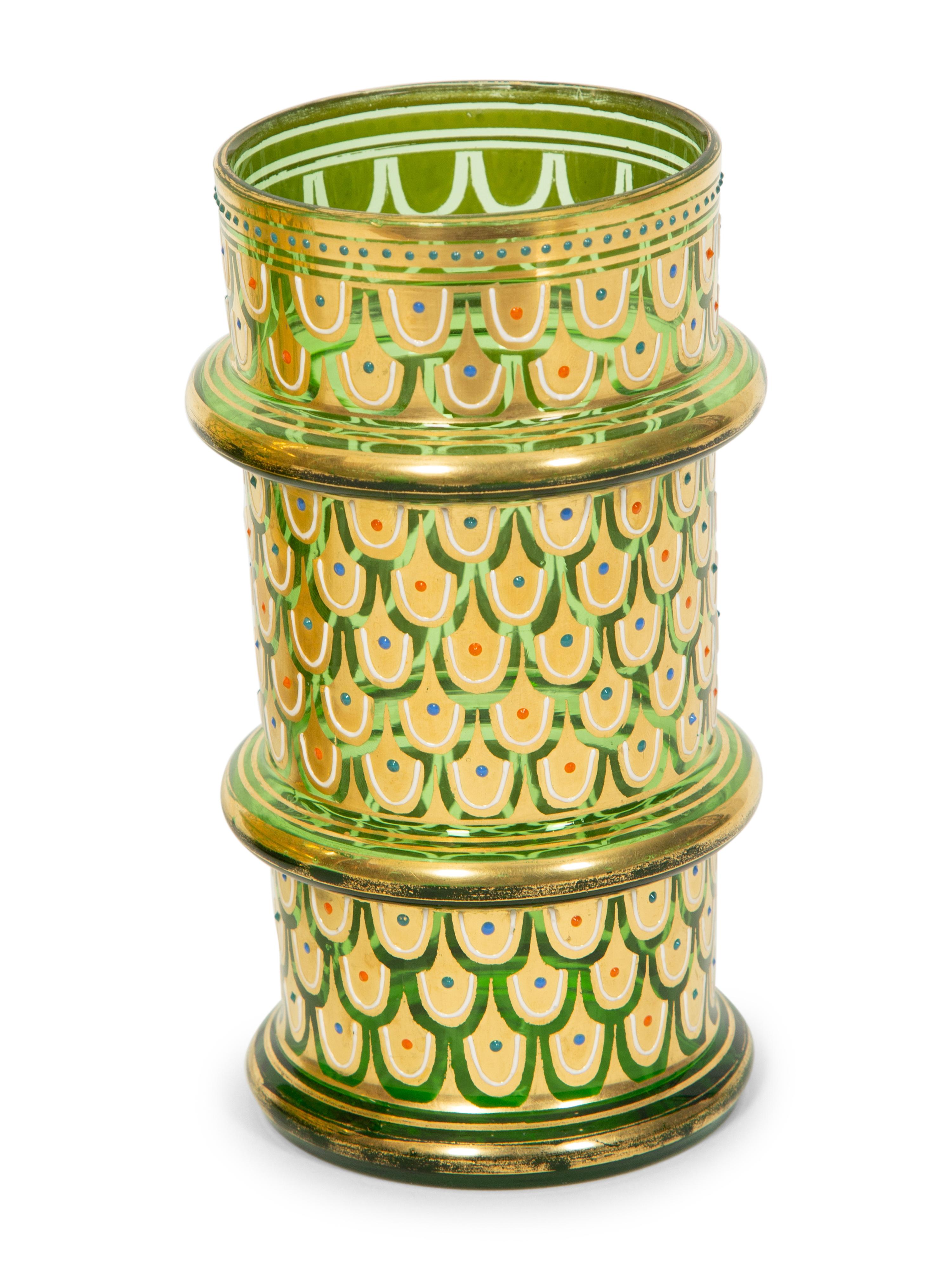 A Bohemian Enameled Glass Cocktail Set and Associated Ewer
