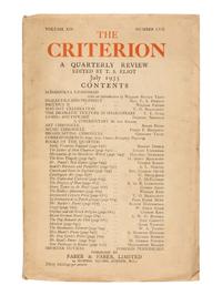 ELIOT, T.S., editor. The Criterion . London: R. Cobden Sanderson, Faber & Gwyer et al. October 1922-January 1939.
