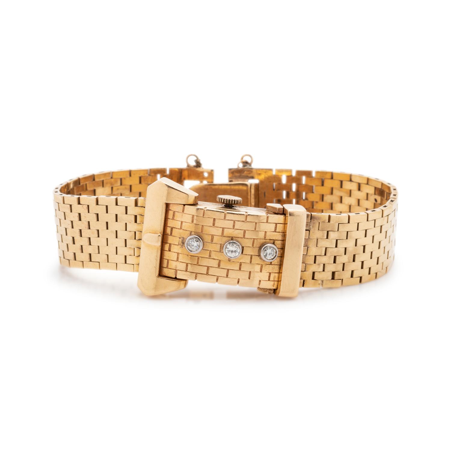 14K YELLOW GOLD AND DIAMOND BELT MOTIF SURPRISE WRISTWATCH
