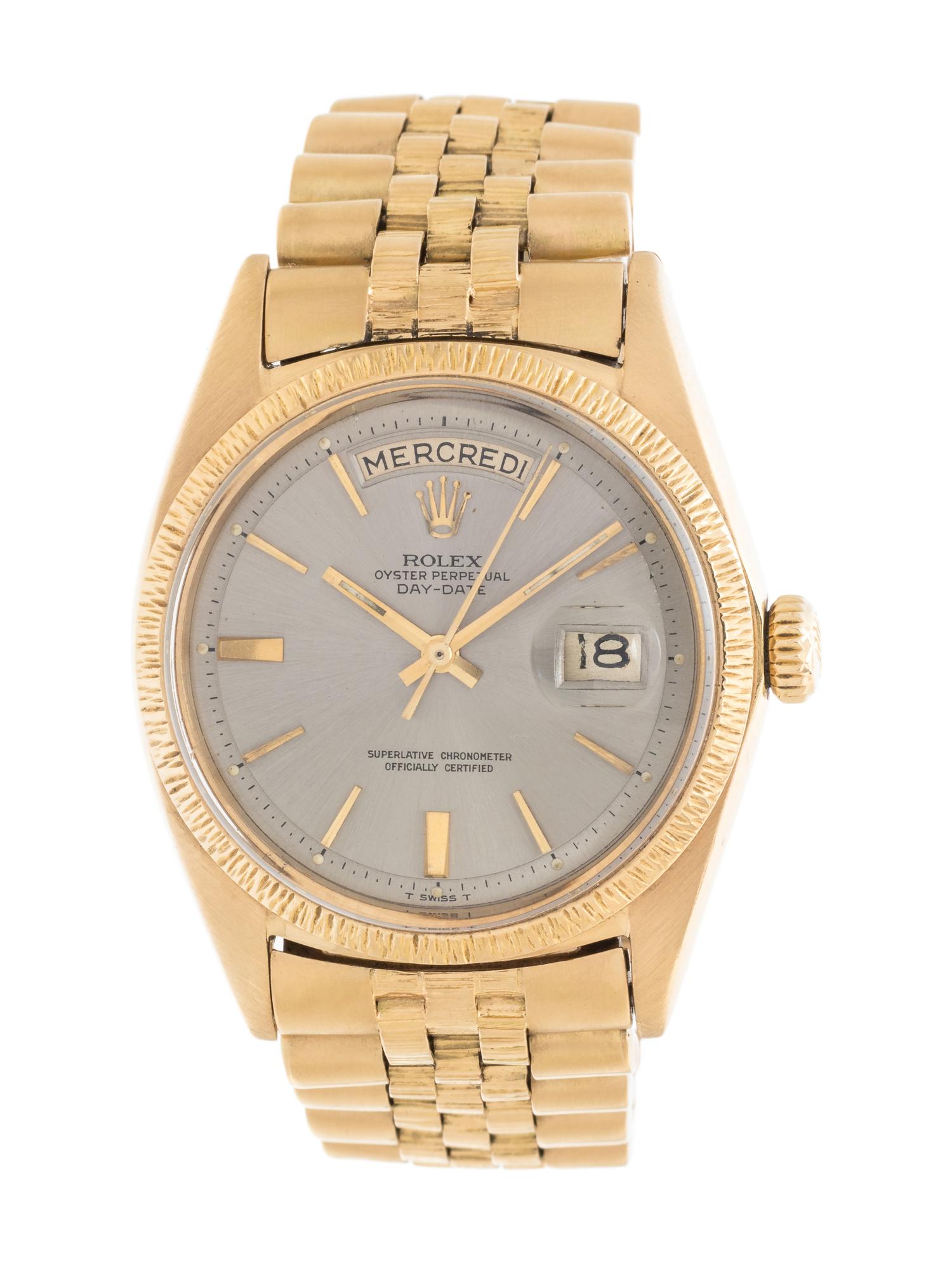 ROLEX, REF. 1807 18K YELLOW GOLD 'OYSTER-PERPETUAL FRENCH DAY DATE' WRISTWATCH, CIRCA 1969