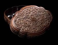 A Chinese Carved Tielimu and Lacquered Wood 'Dragon' Covered Box